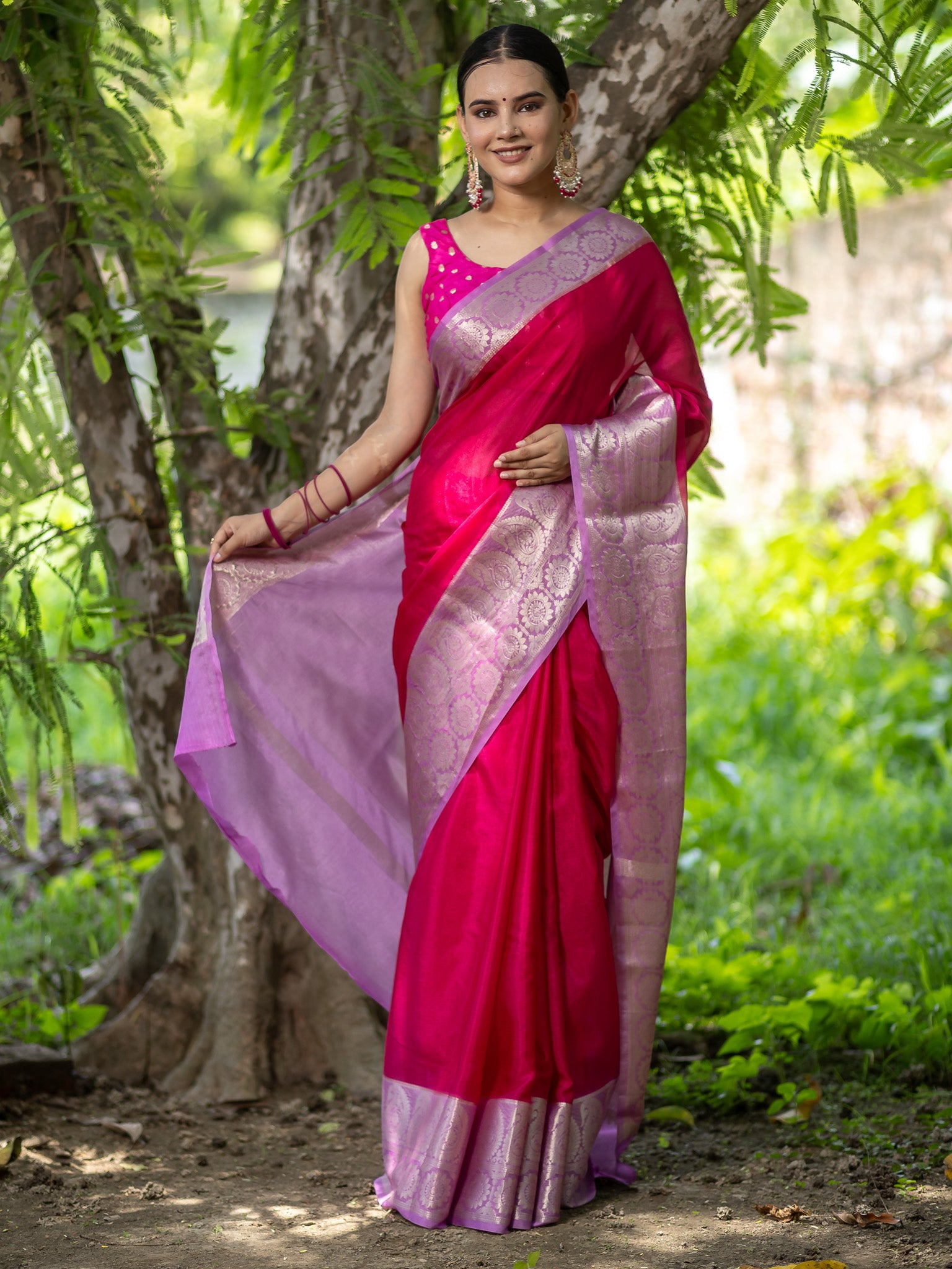 Banarasi Cotton Silk Saree With Silver Zari Weaving & Border-Pink