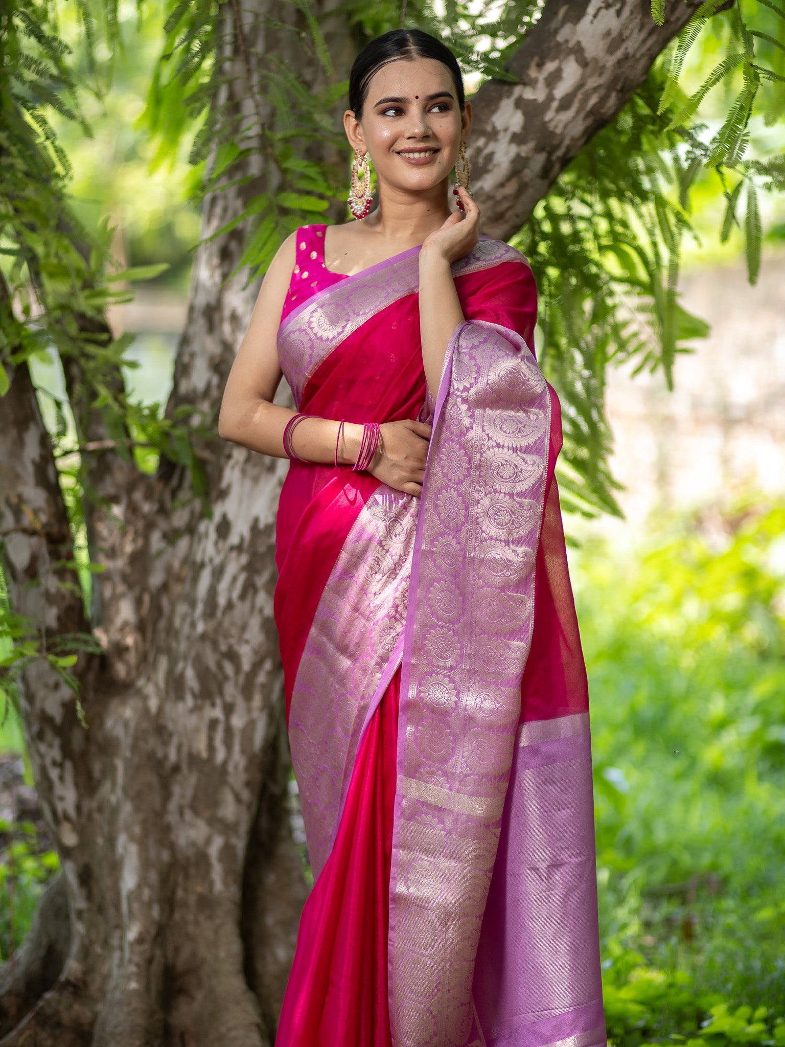 Banarasi Cotton Silk Saree With Silver Zari Weaving & Border-Pink