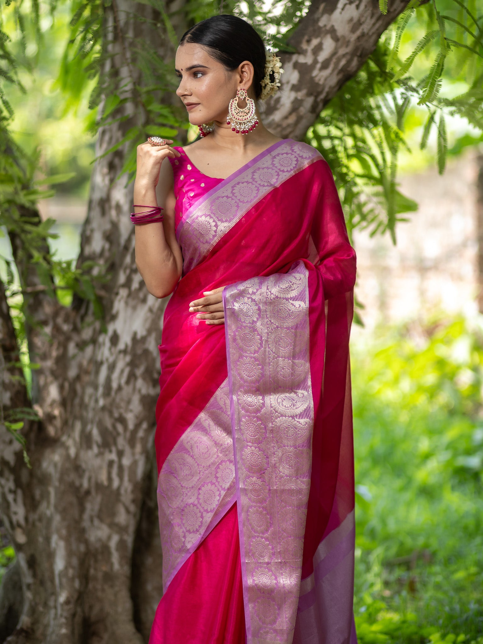 Banarasi Cotton Silk Saree With Silver Zari Weaving & Border-Pink