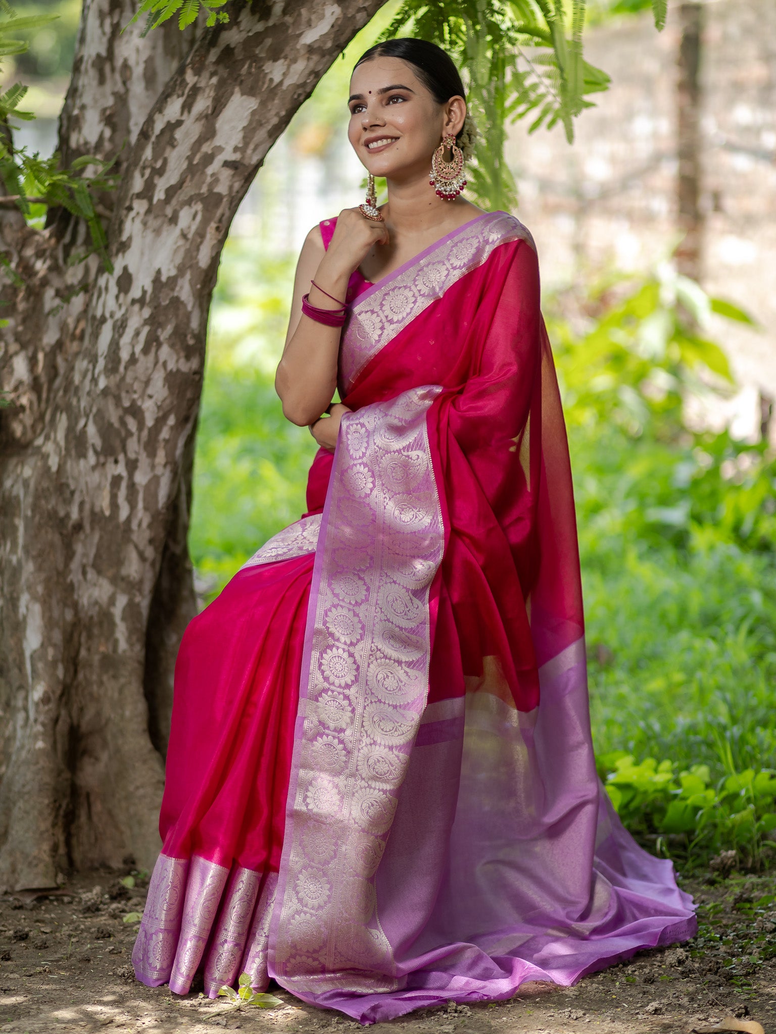 Banarasi Cotton Silk Saree With Silver Zari Weaving & Border-Pink