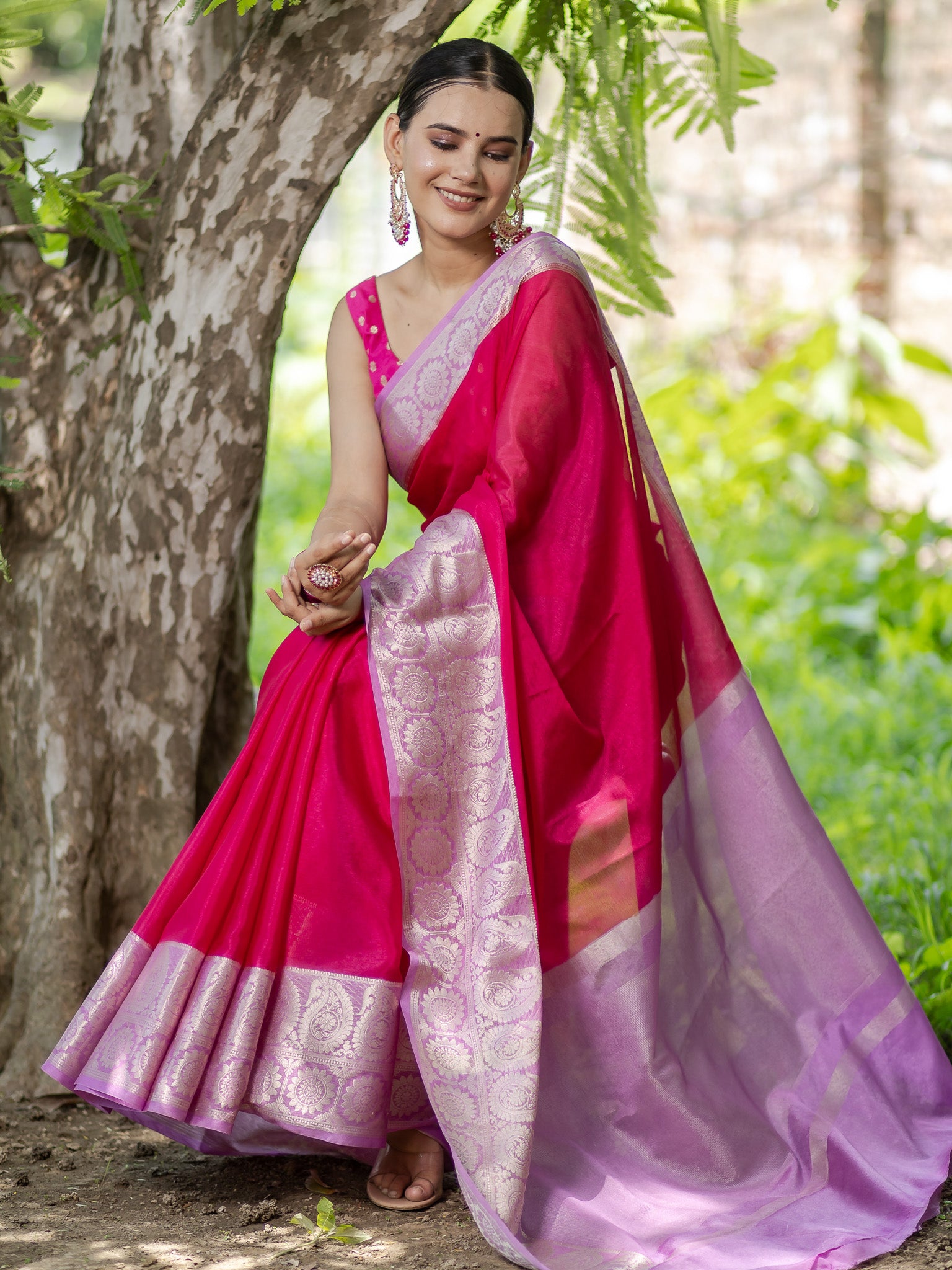 Banarasi Cotton Silk Saree With Silver Zari Weaving & Border-Pink