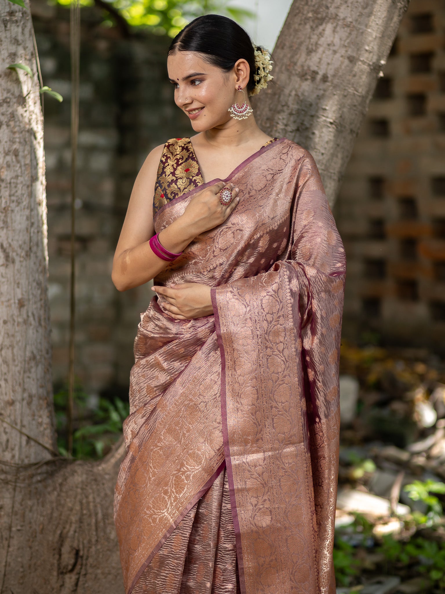 Banarasi Crushed Tissue Saree With Buti & Zari Border-Dark Mauve