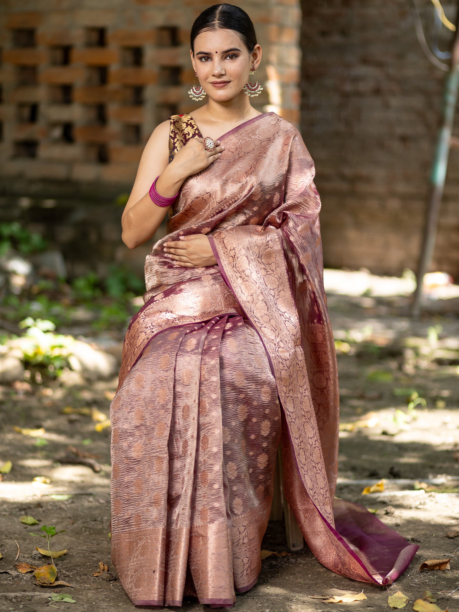 Banarasi Crushed Tissue Saree With Buti & Zari Border-Dark Mauve