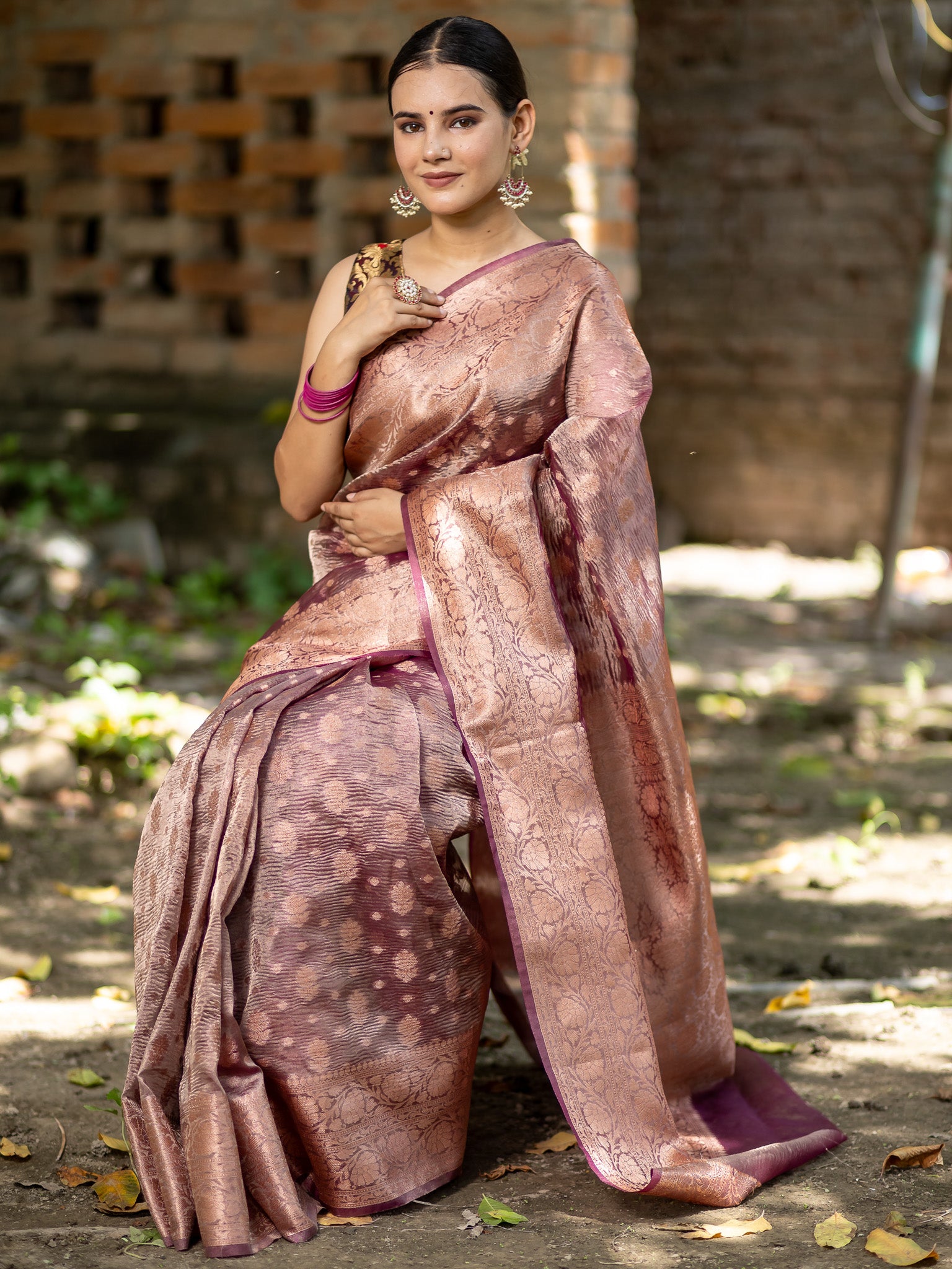 Banarasi Crushed Tissue Saree With Buti & Zari Border-Dark Mauve