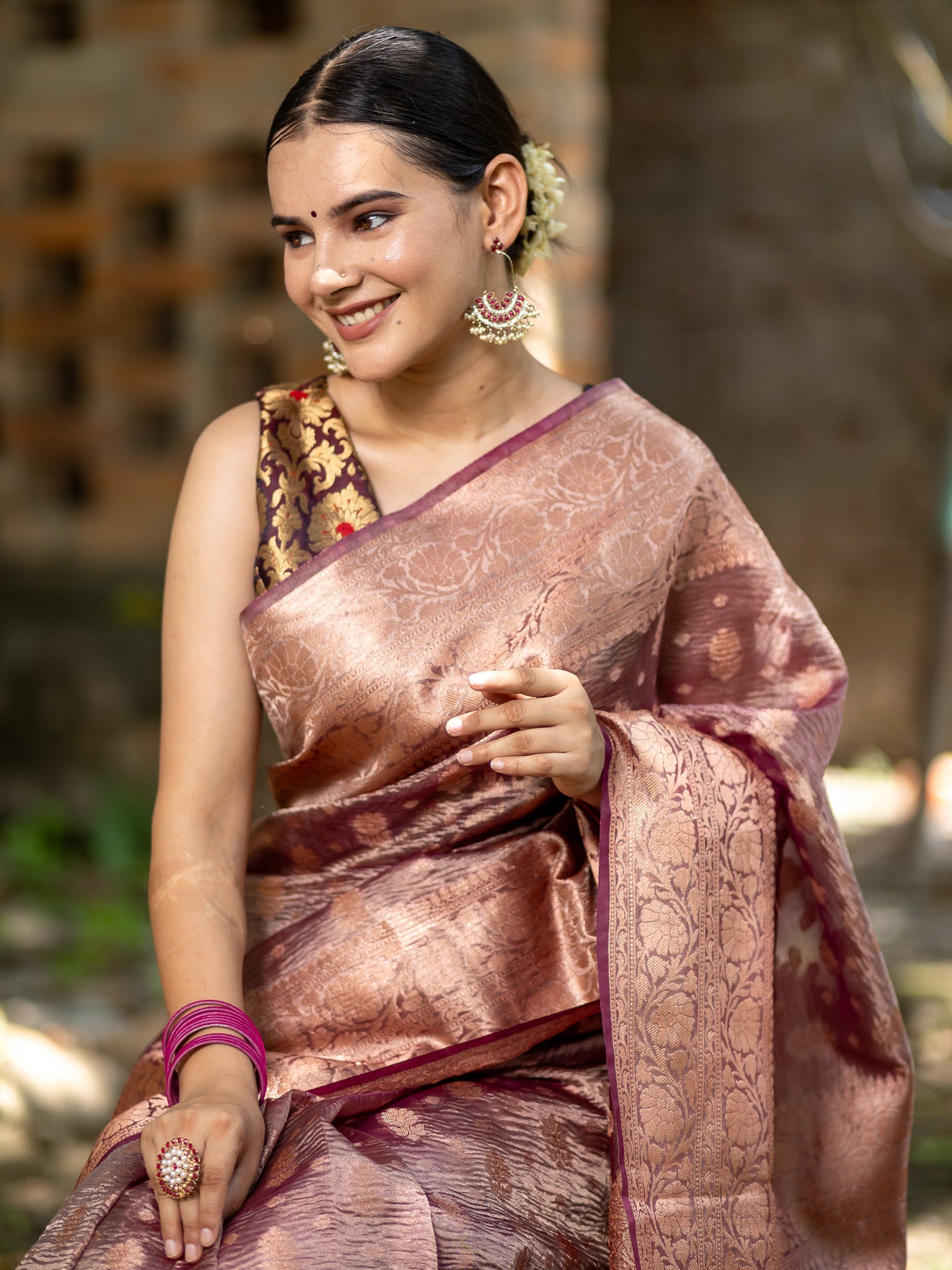 Banarasi Crushed Tissue Saree With Buti & Zari Border-Dark Mauve