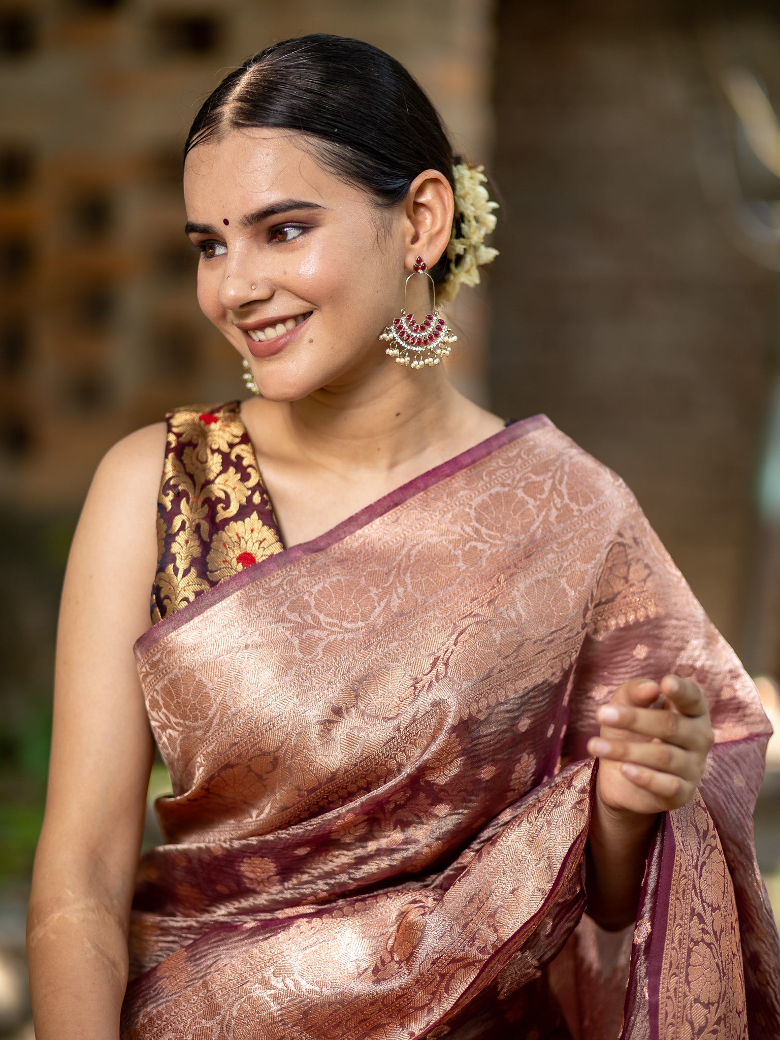 Banarasi Crushed Tissue Saree With Buti & Zari Border-Dark Mauve