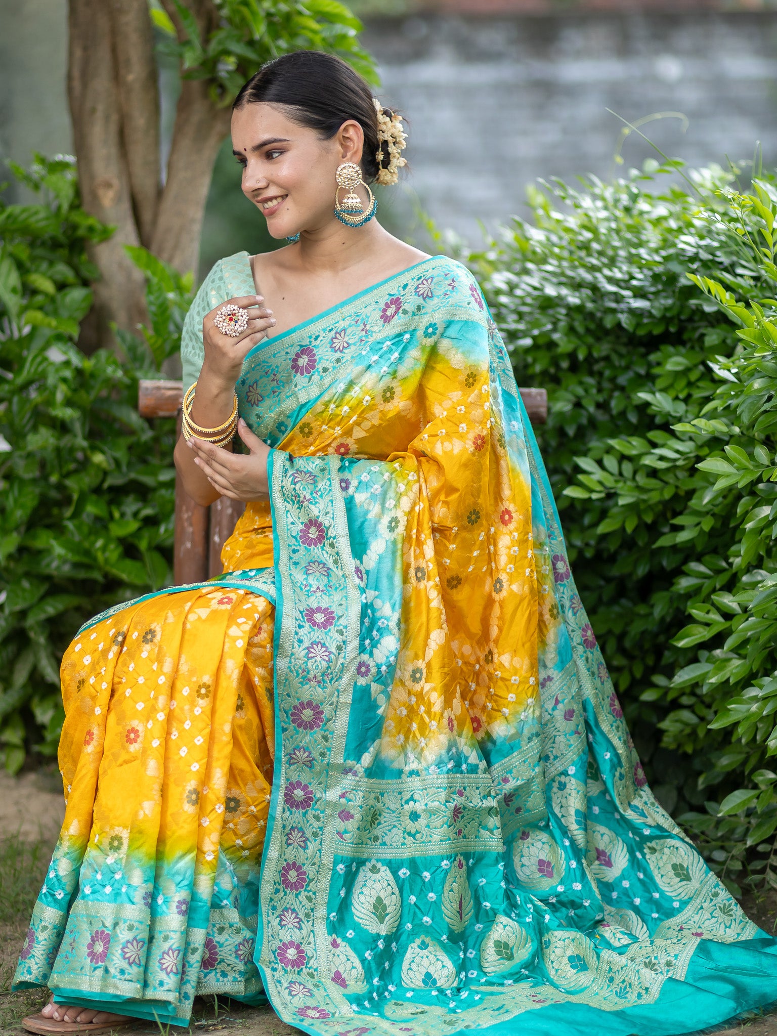 Banarasi Semi Silk Dual Shade Bandhani Saree With Meena & Jaal Weaving-Yellow