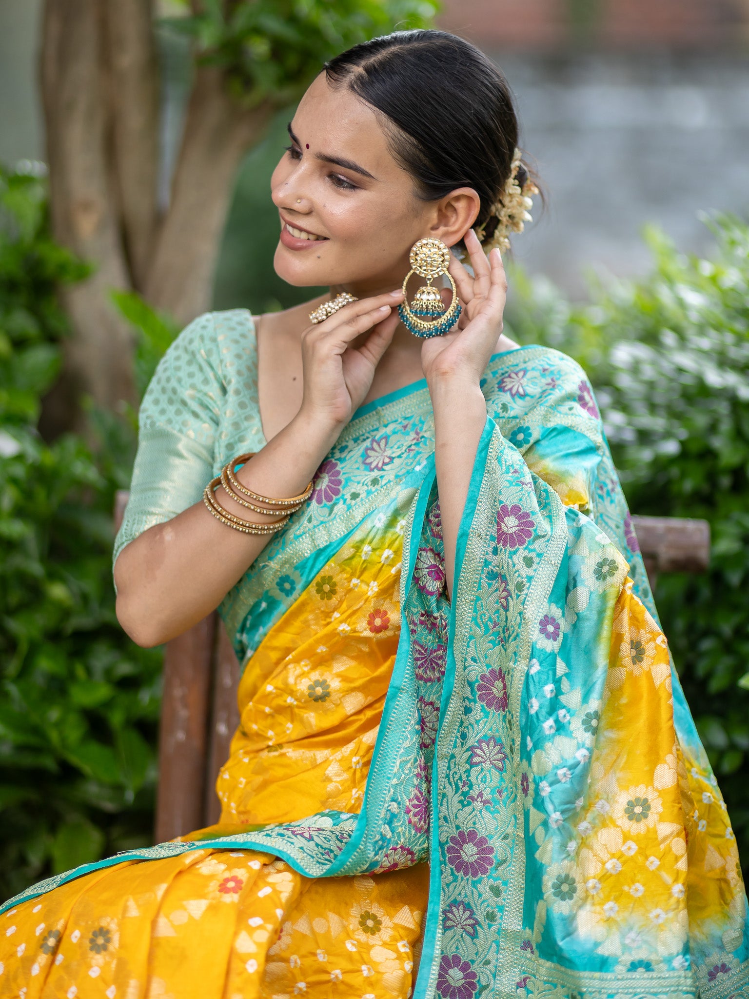 Banarasi Semi Silk Dual Shade Bandhani Saree With Meena & Jaal Weaving-Yellow