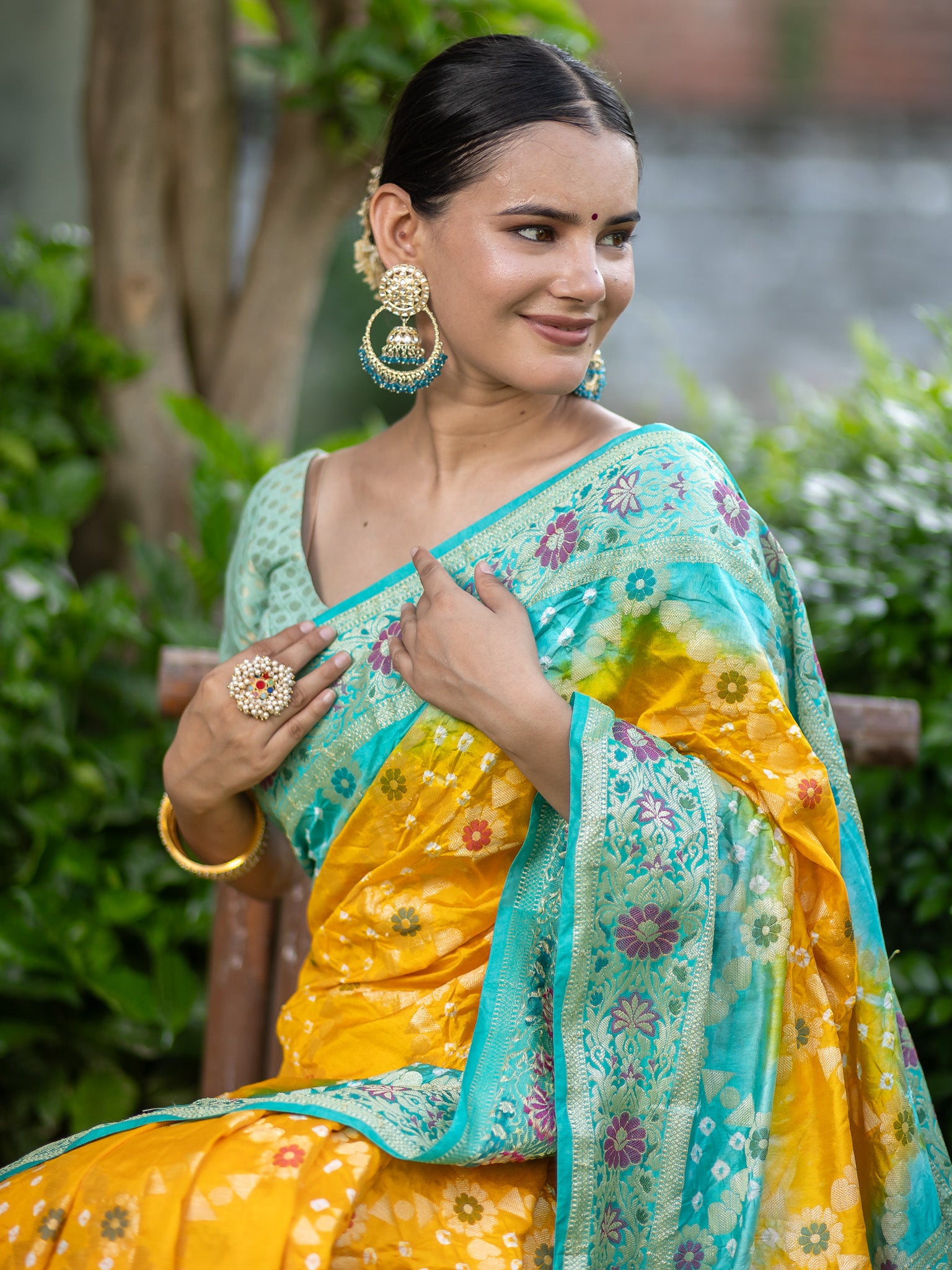 Banarasi Semi Silk Dual Shade Bandhani Saree With Meena & Jaal Weaving-Yellow