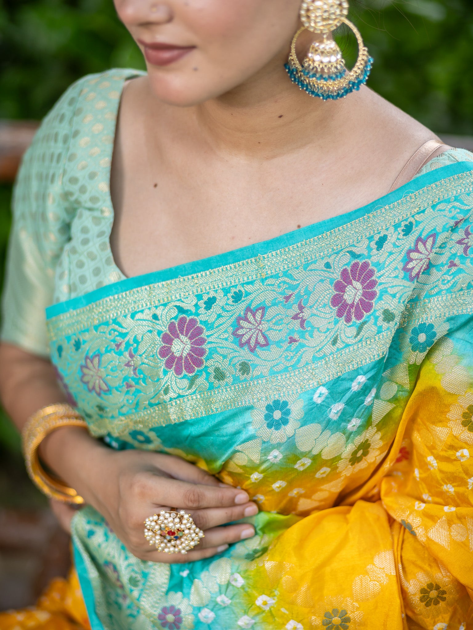 Banarasi Semi Silk Dual Shade Bandhani Saree With Meena & Jaal Weaving-Yellow