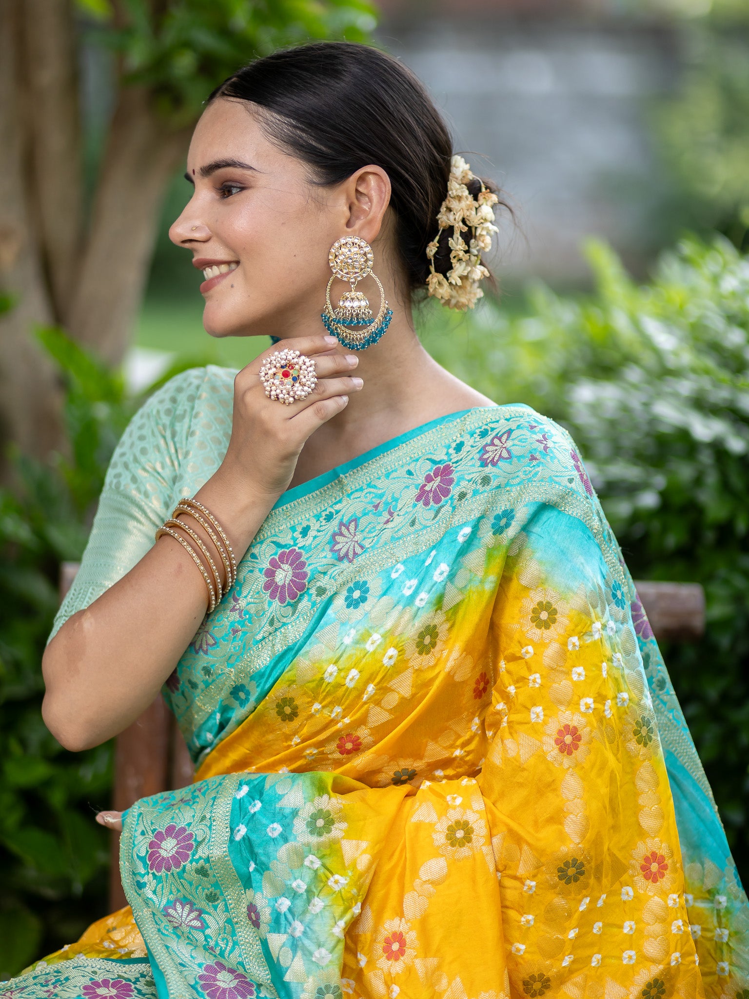 Banarasi Semi Silk Dual Shade Bandhani Saree With Meena & Jaal Weaving-Yellow