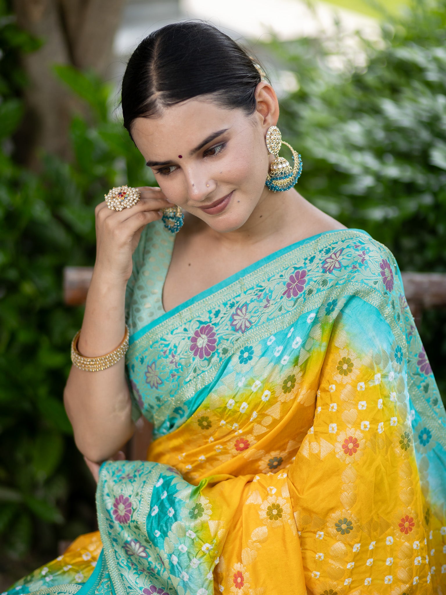 Banarasi Semi Silk Dual Shade Bandhani Saree With Meena & Jaal Weaving-Yellow