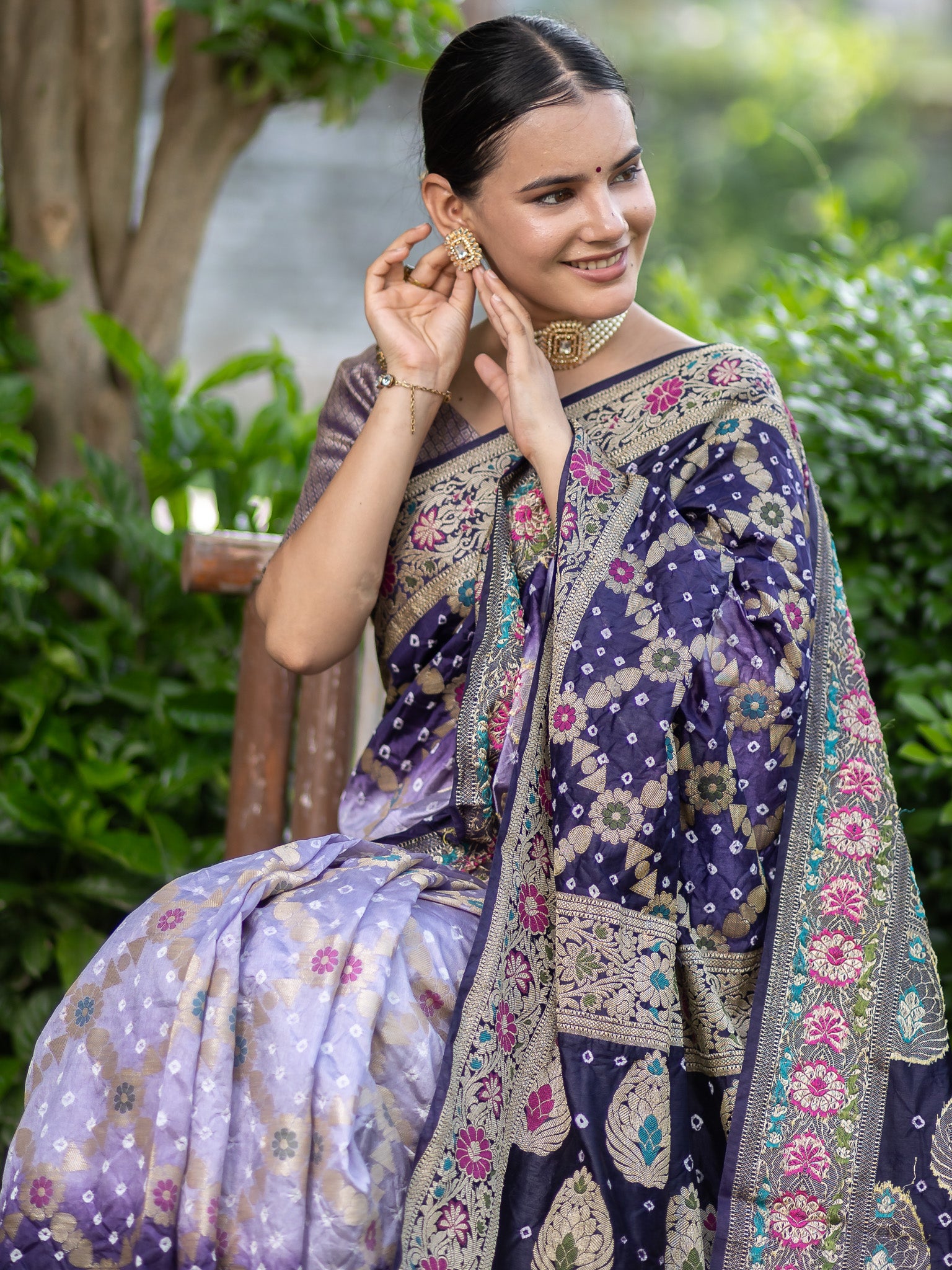 Banarasi Semi Silk Dual Shade Bandhani Saree With Meena & Jaal Weaving-Purple