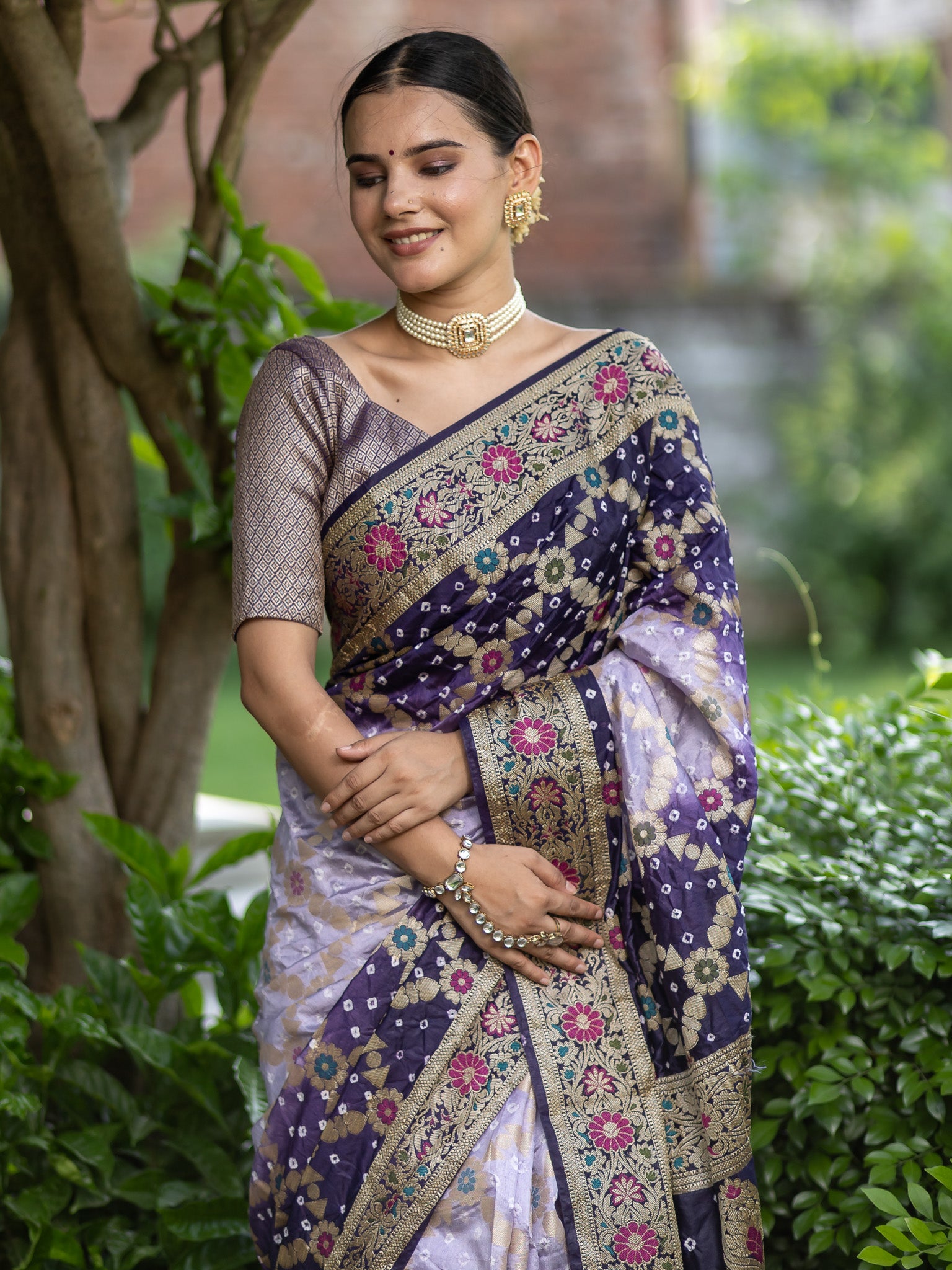 Banarasi Semi Silk Dual Shade Bandhani Saree With Meena & Jaal Weaving-Purple