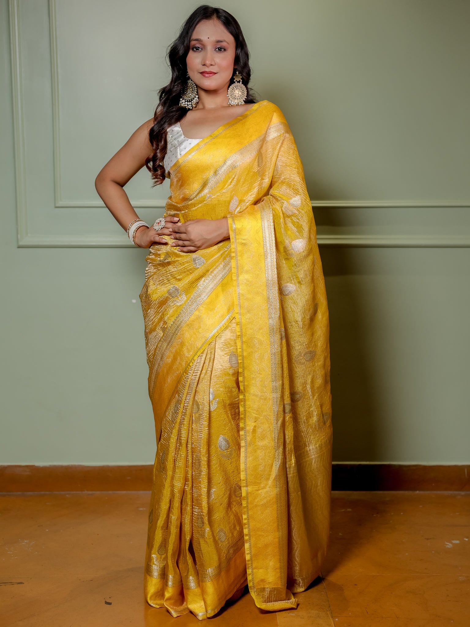 Banarasi Katan Crushed Tissue Saree With Border - Yellow