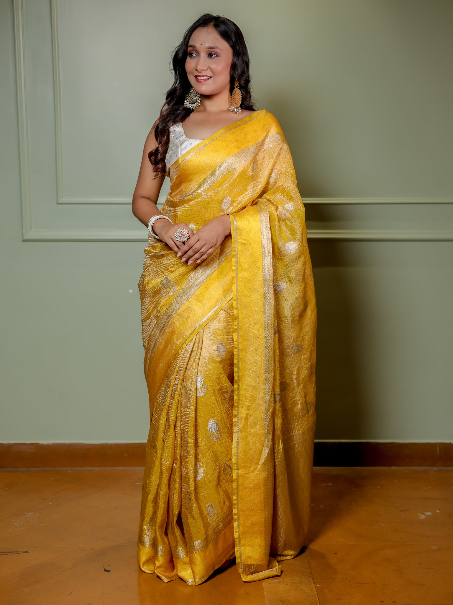 Banarasi Katan Crushed Tissue Saree With Border - Yellow