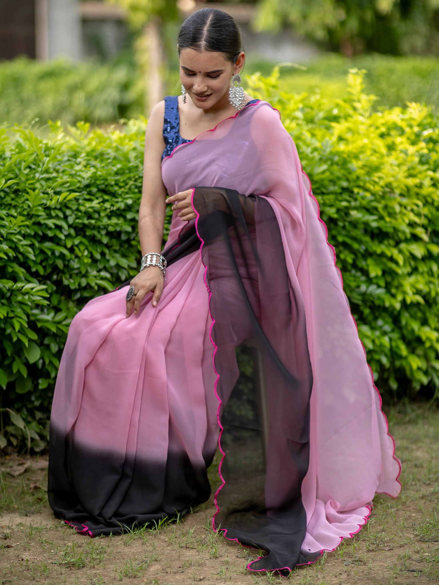 Dual Shade Semi Chiffon Saree - Pink & Black
