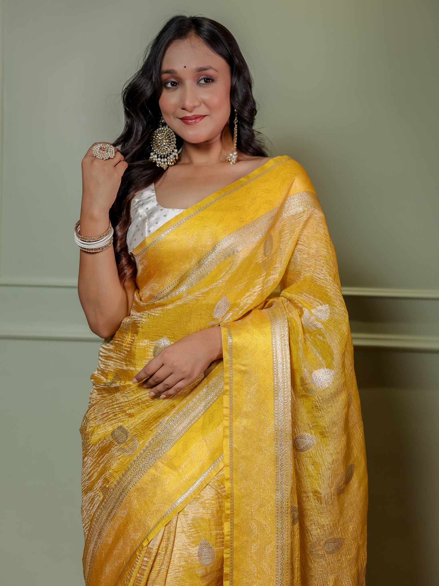 Banarasi Katan Crushed Tissue Saree With Border - Yellow