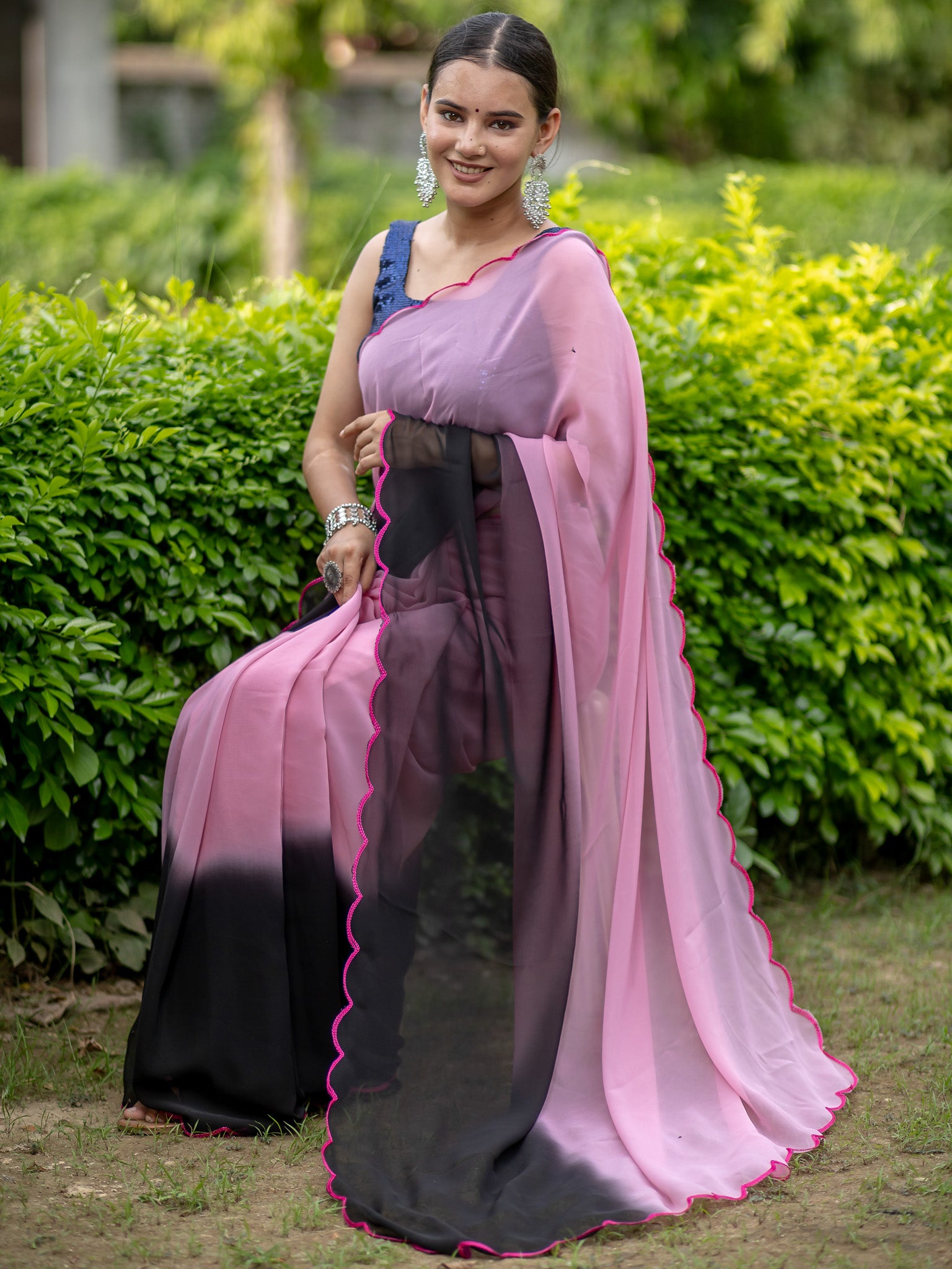 Dual Shade Semi Chiffon Saree - Pink & Black