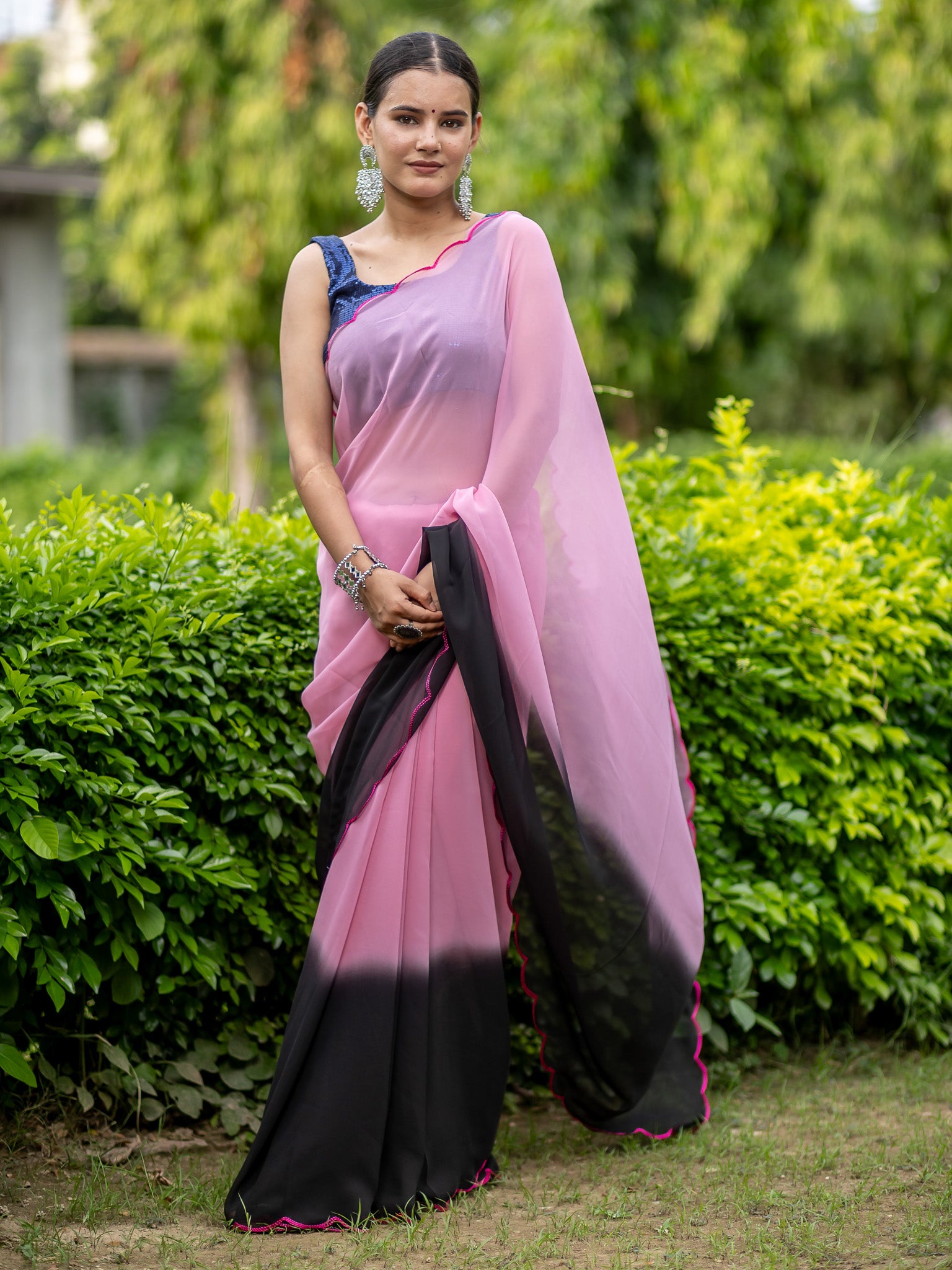 Dual Shade Semi Chiffon Saree - Pink & Black