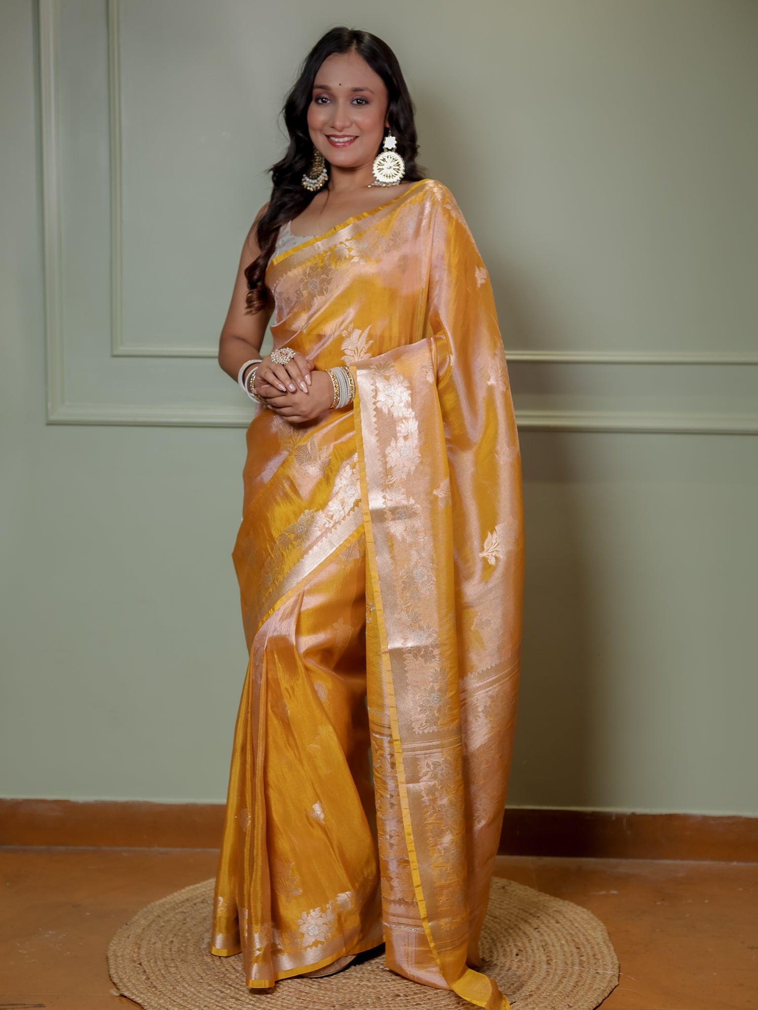 Banarasi Dual Tone Tissue Saree With Border - Yellow