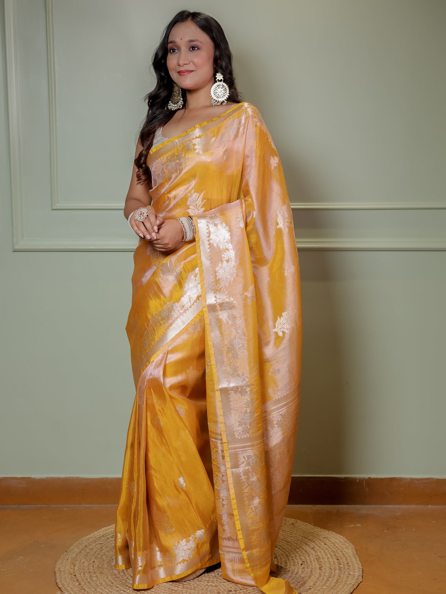 Banarasi Dual Tone Tissue Saree With Border - Yellow