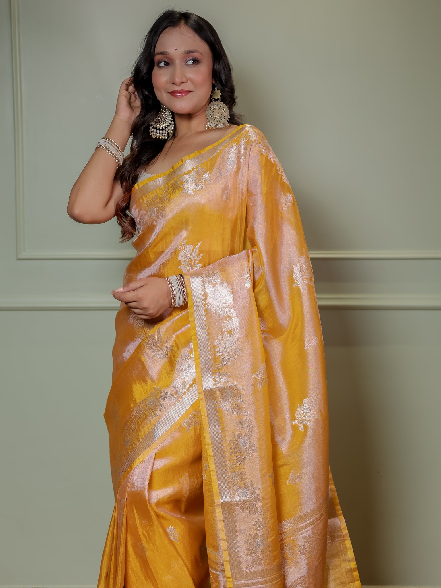 Banarasi Dual Tone Tissue Saree With Border - Yellow