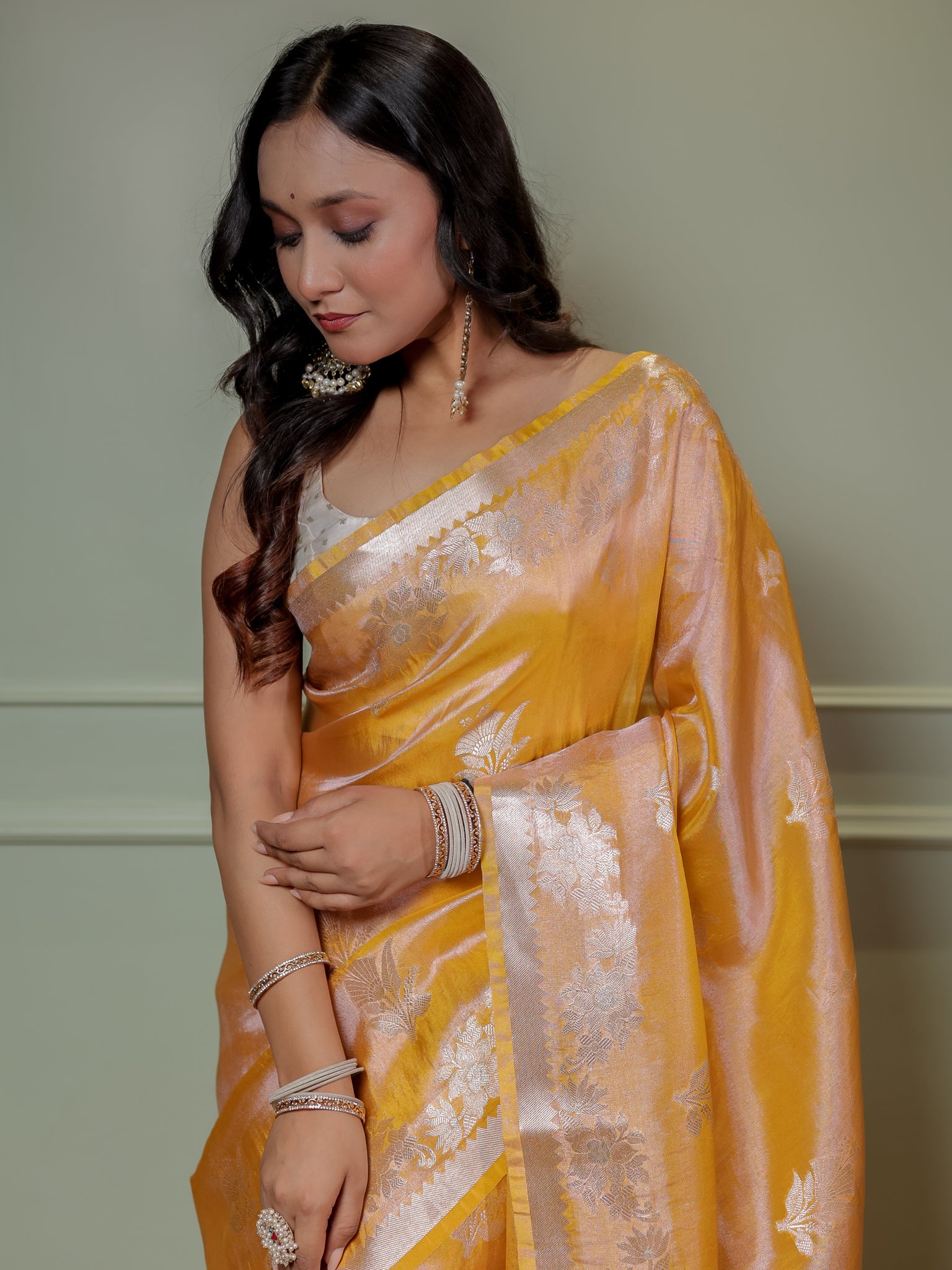 Banarasi Dual Tone Tissue Saree With Border - Yellow