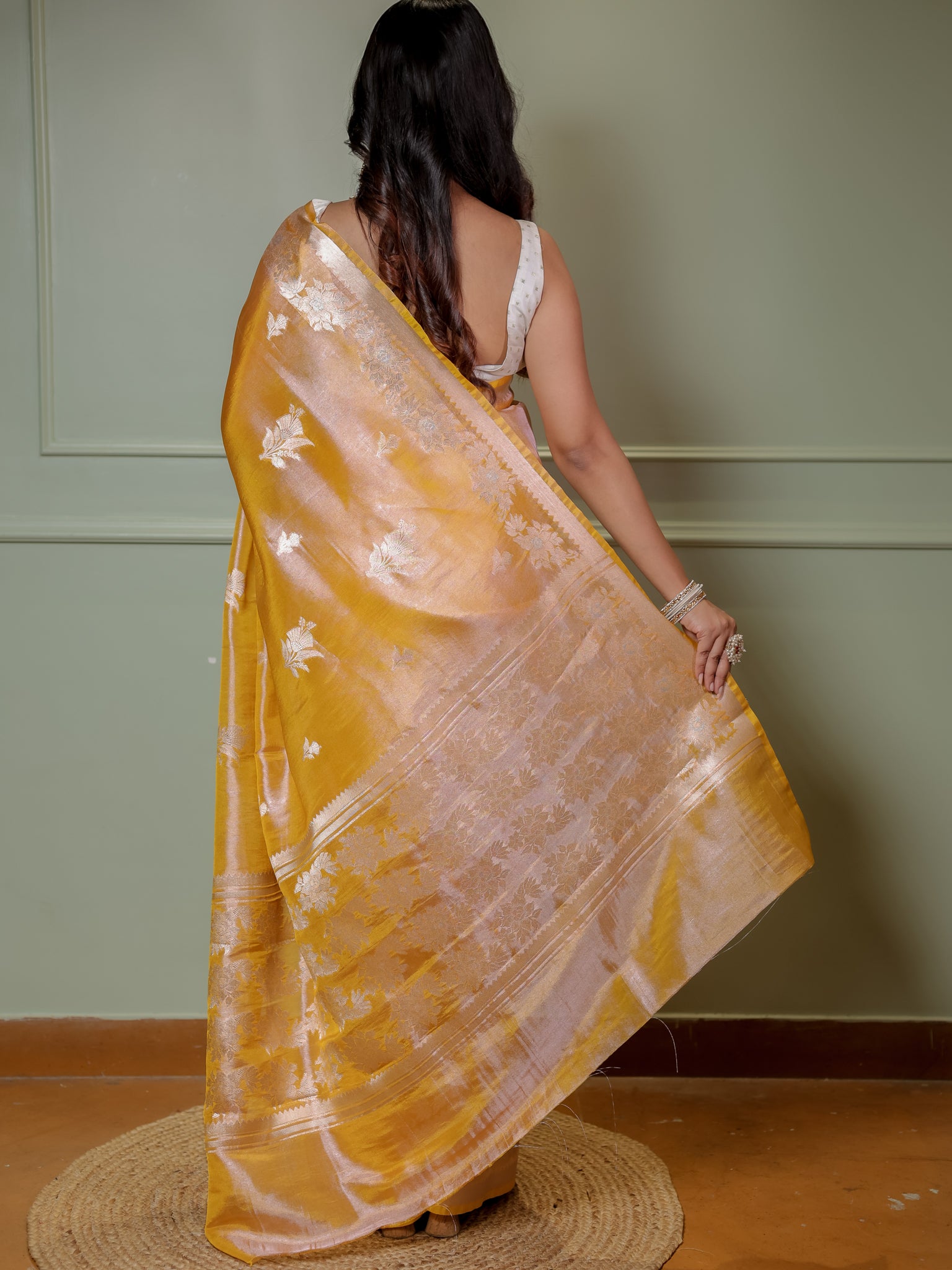 Banarasi Dual Tone Tissue Saree With Border - Yellow