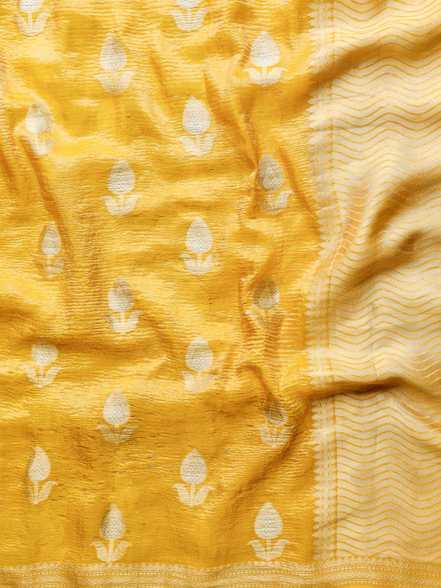 Banarasi Katan Crushed Tissue Saree With Border - Yellow
