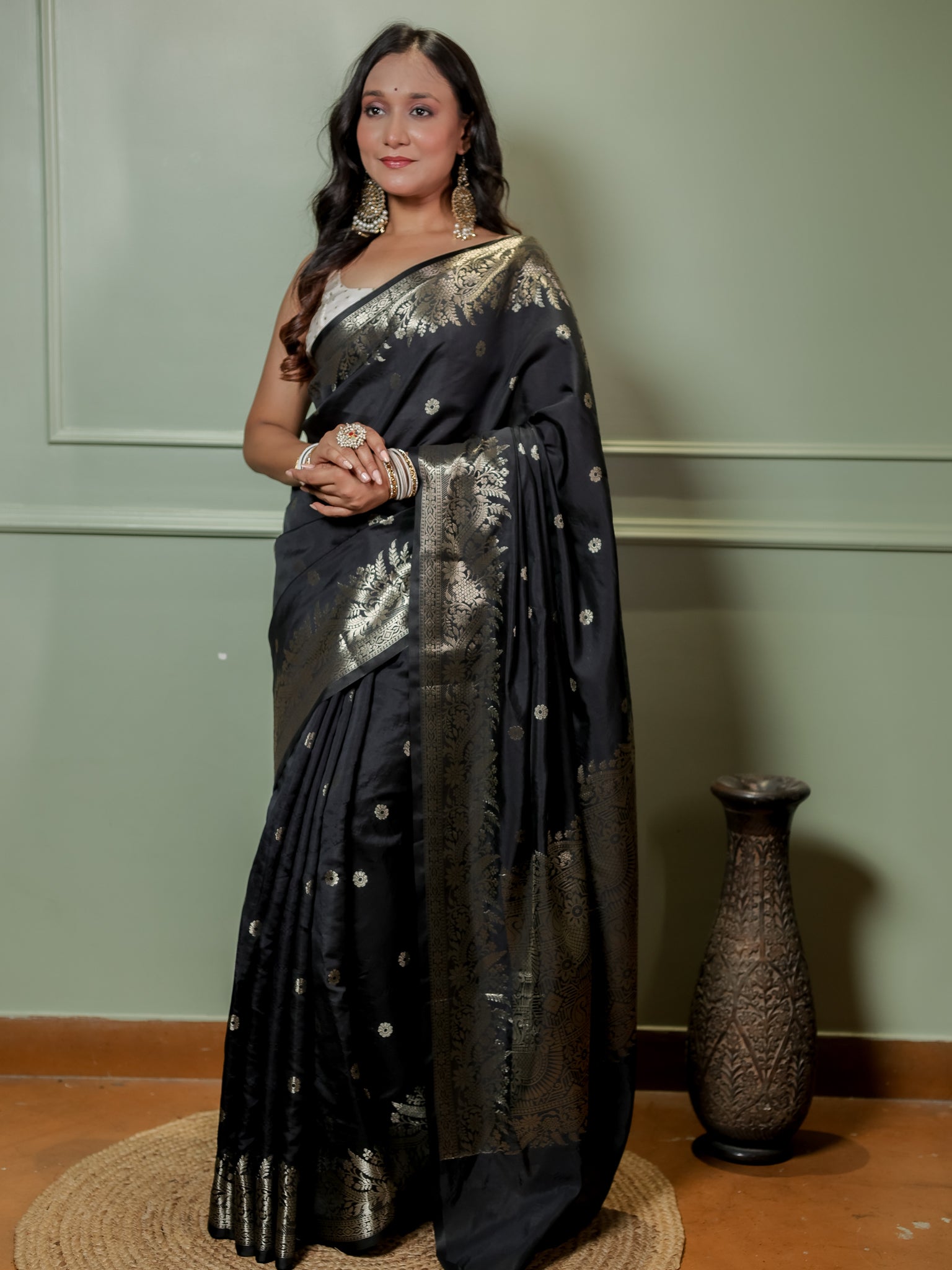 Banarasi Semi Katan Silk Saree With Border- Black