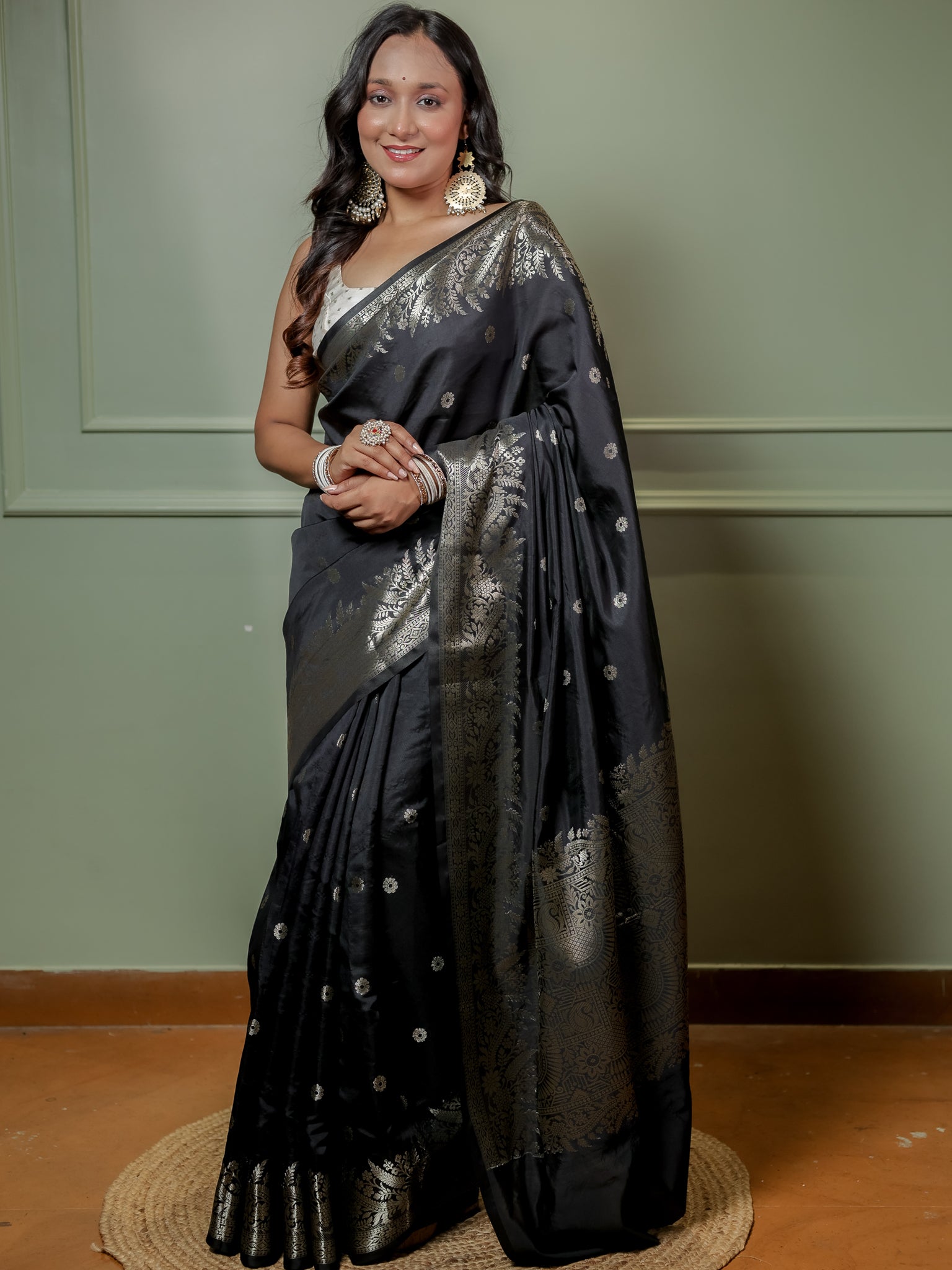 Banarasi Semi Katan Silk Saree With Border- Black