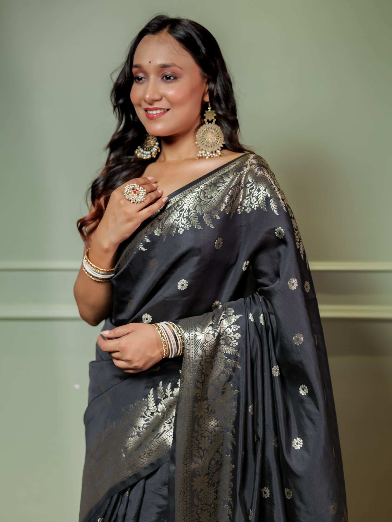 Banarasi Semi Katan Silk Saree With Border- Black