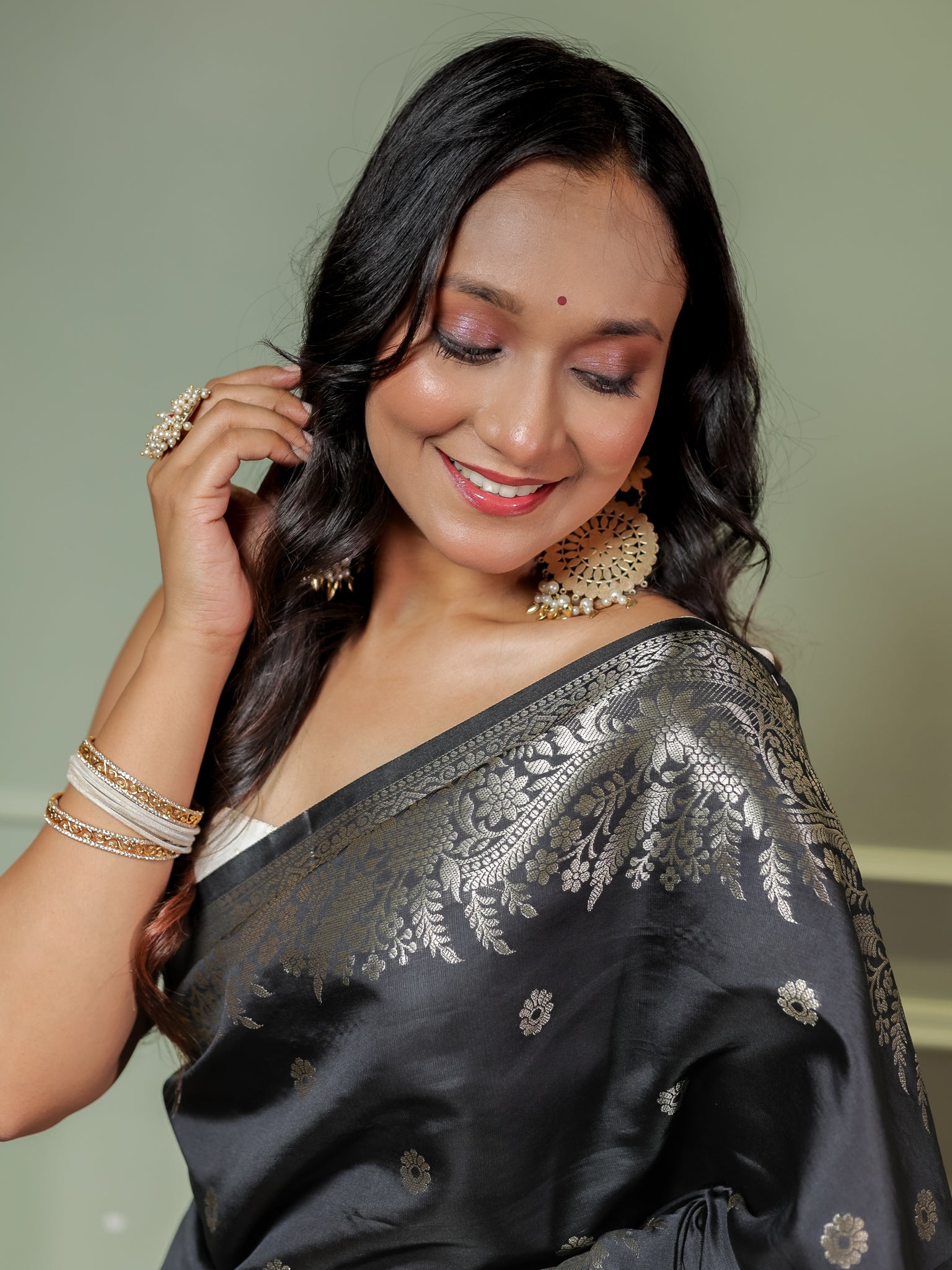 Banarasi Semi Katan Silk Saree With Border- Black