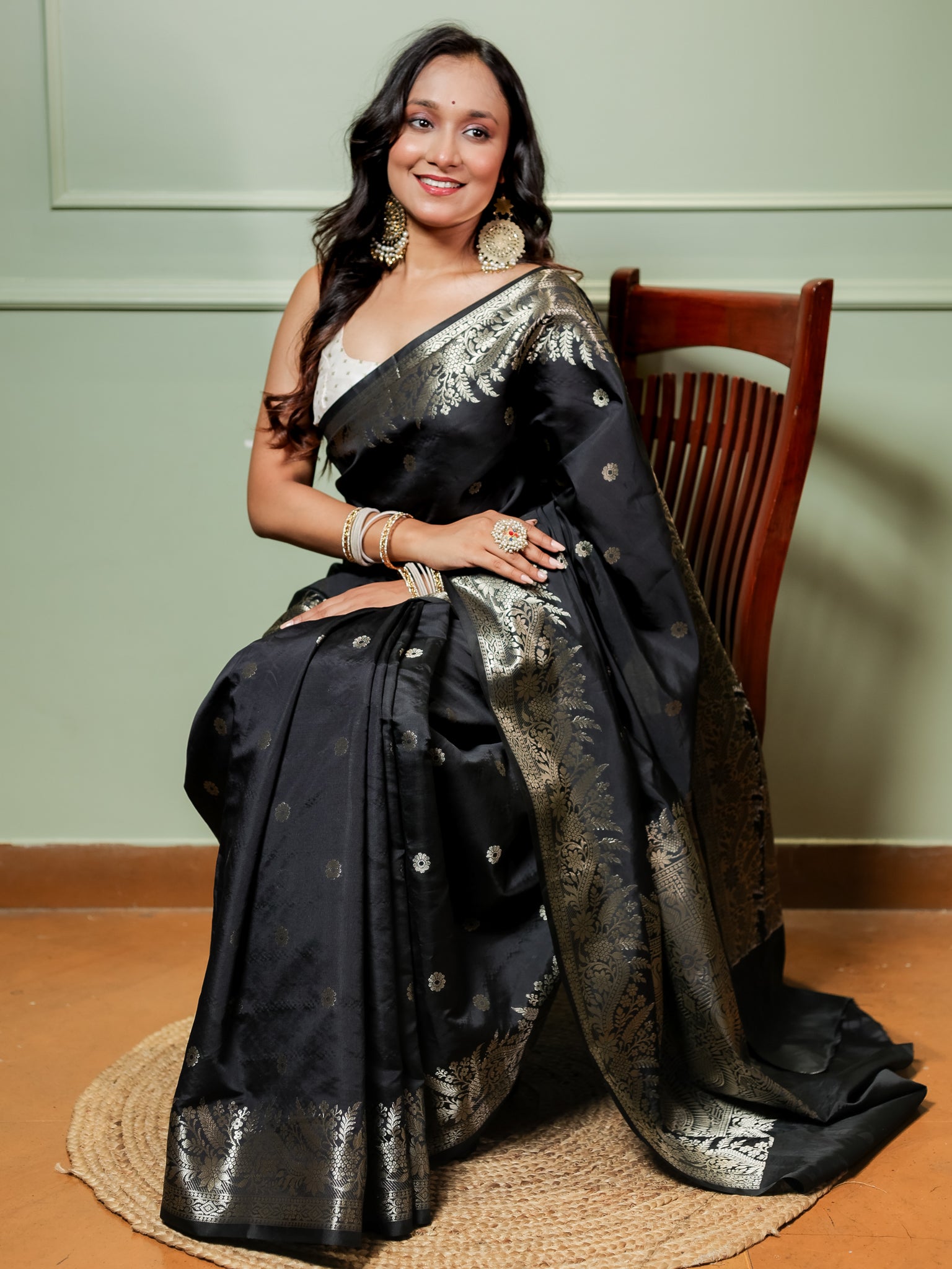 Banarasi Semi Katan Silk Saree With Border- Black