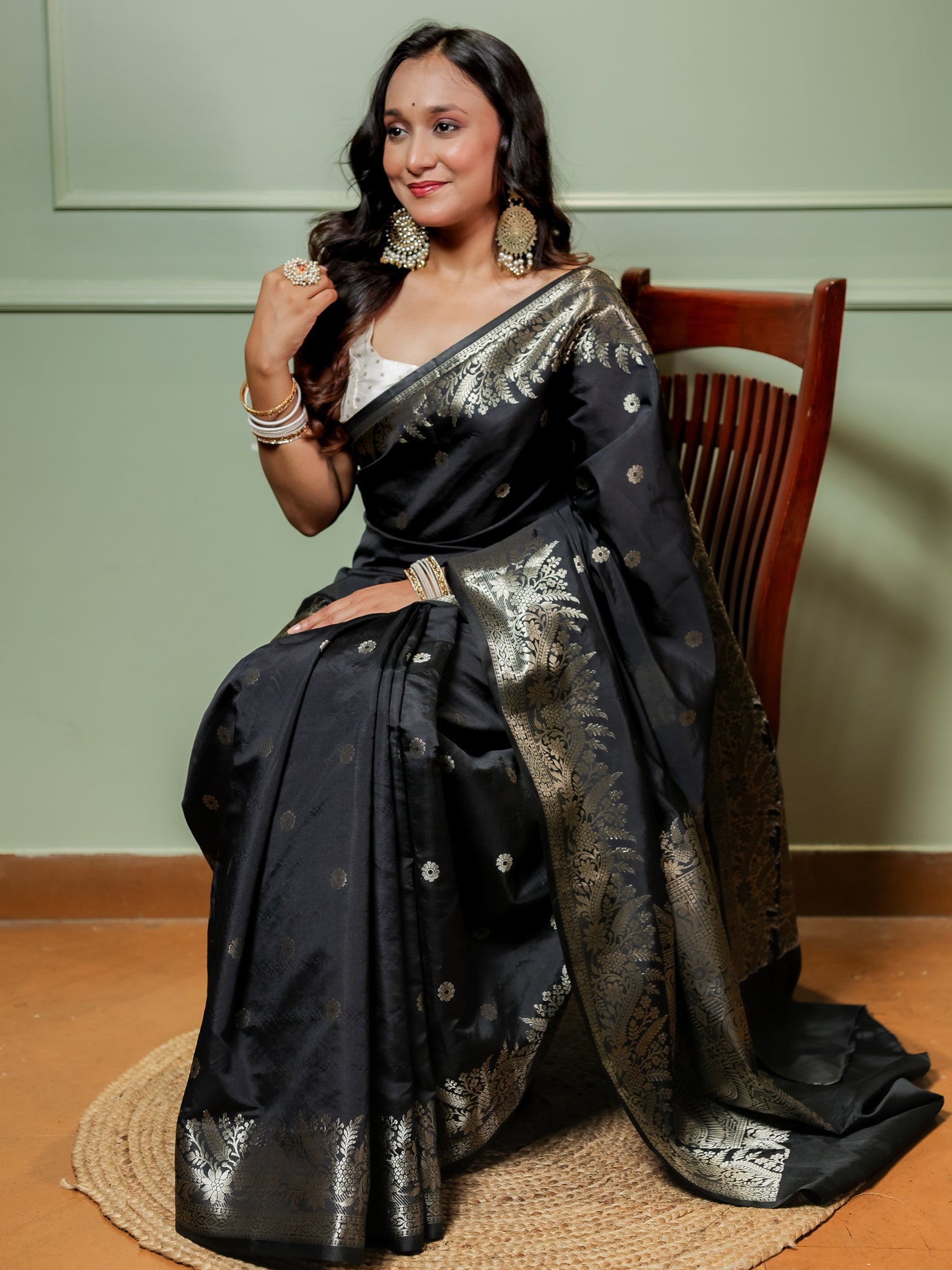 Banarasi Semi Katan Silk Saree With Border- Black