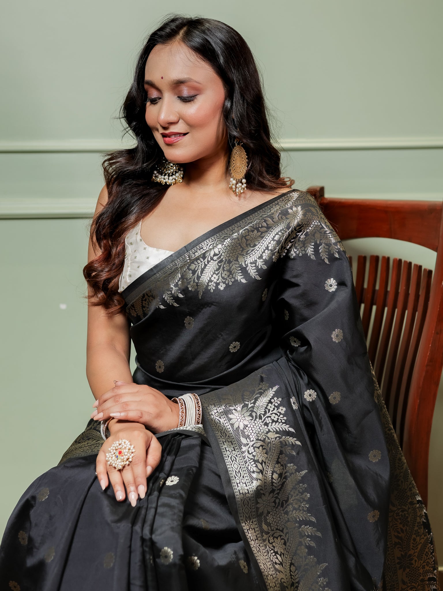 Banarasi Semi Katan Silk Saree With Border- Black