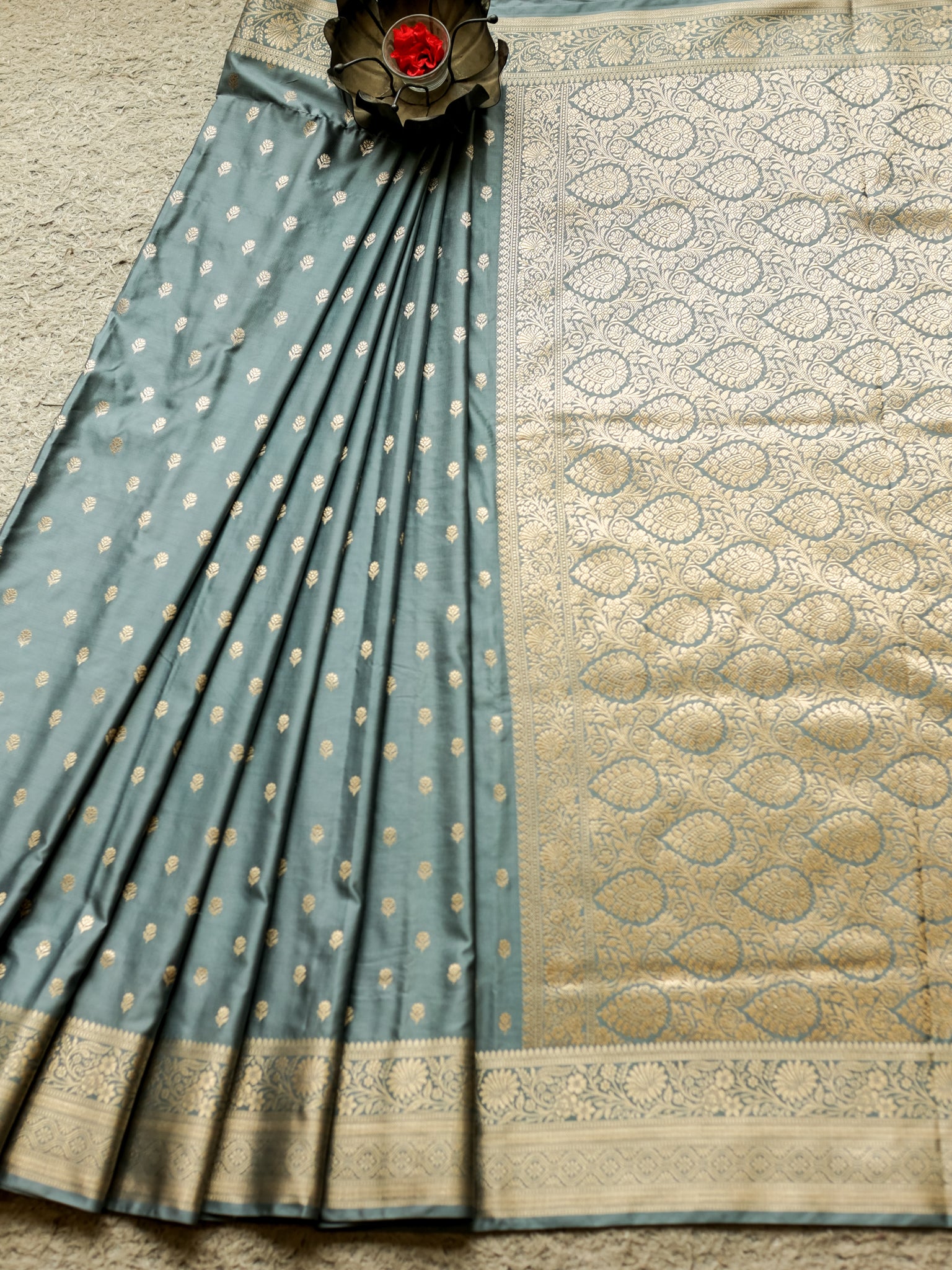Banarasi Silk Saree With Buti Weaving & Border- Grey
