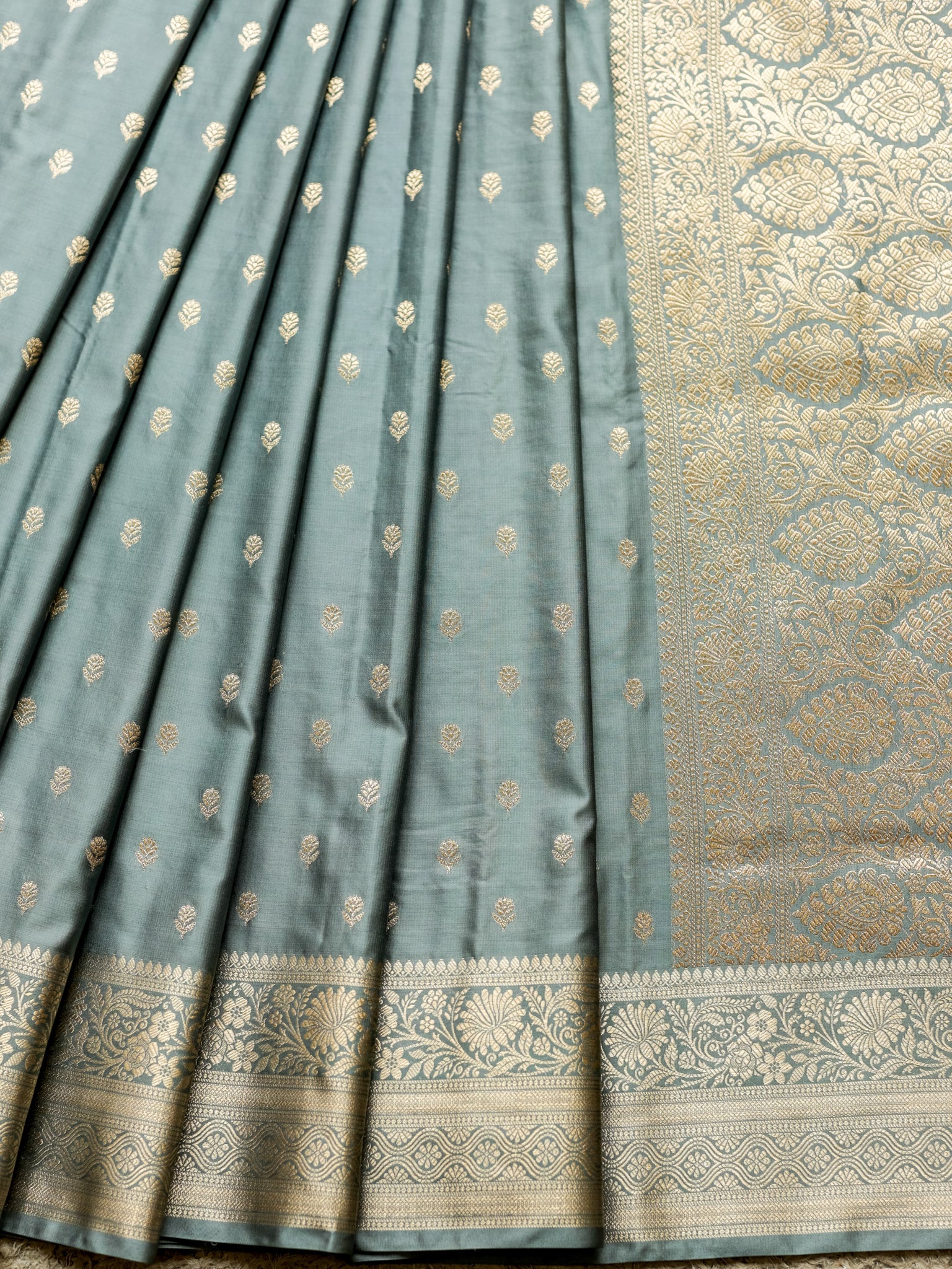 Banarasi Silk Saree With Buti Weaving & Border- Grey
