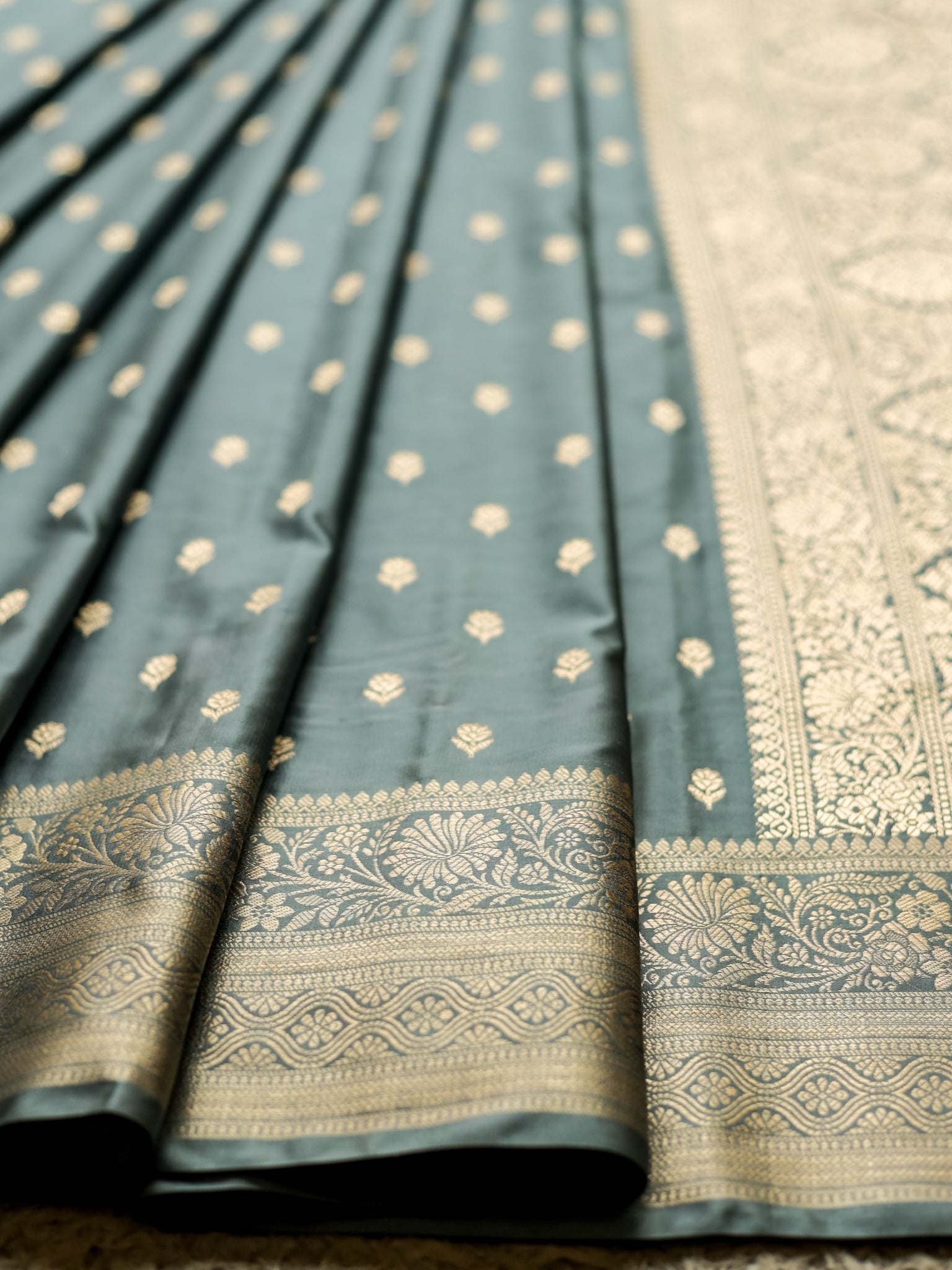 Banarasi Silk Saree With Buti Weaving & Border- Grey