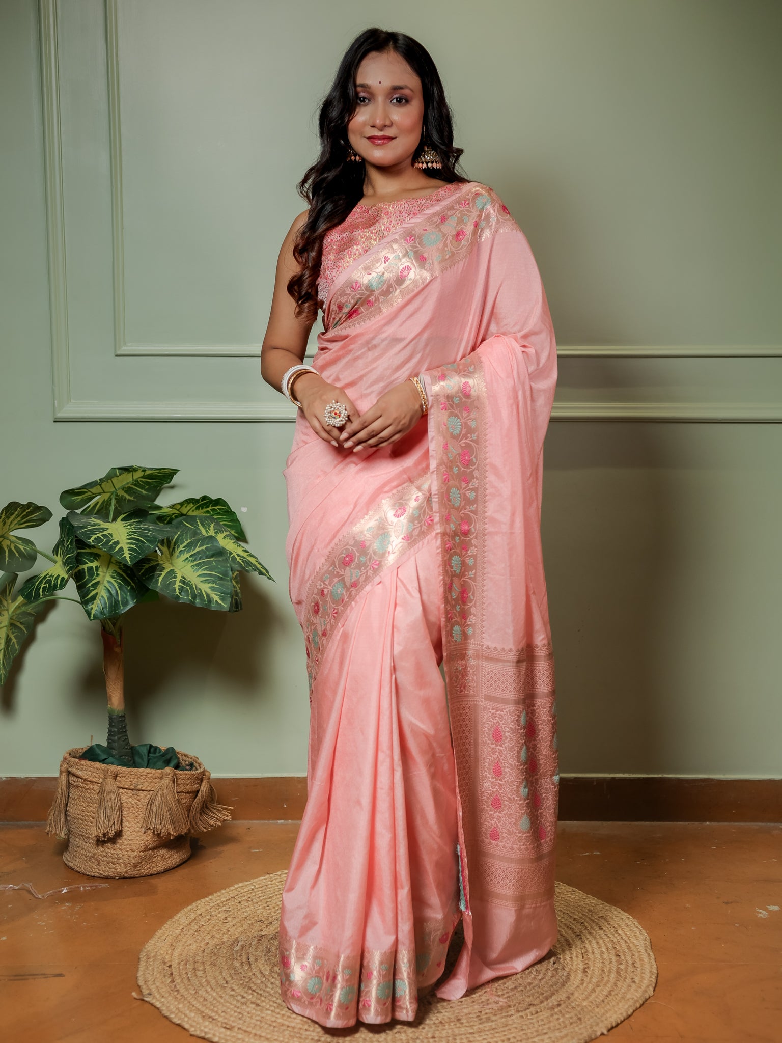 Banarasi Plain Semi Katan Saree With Meena Border- Pink