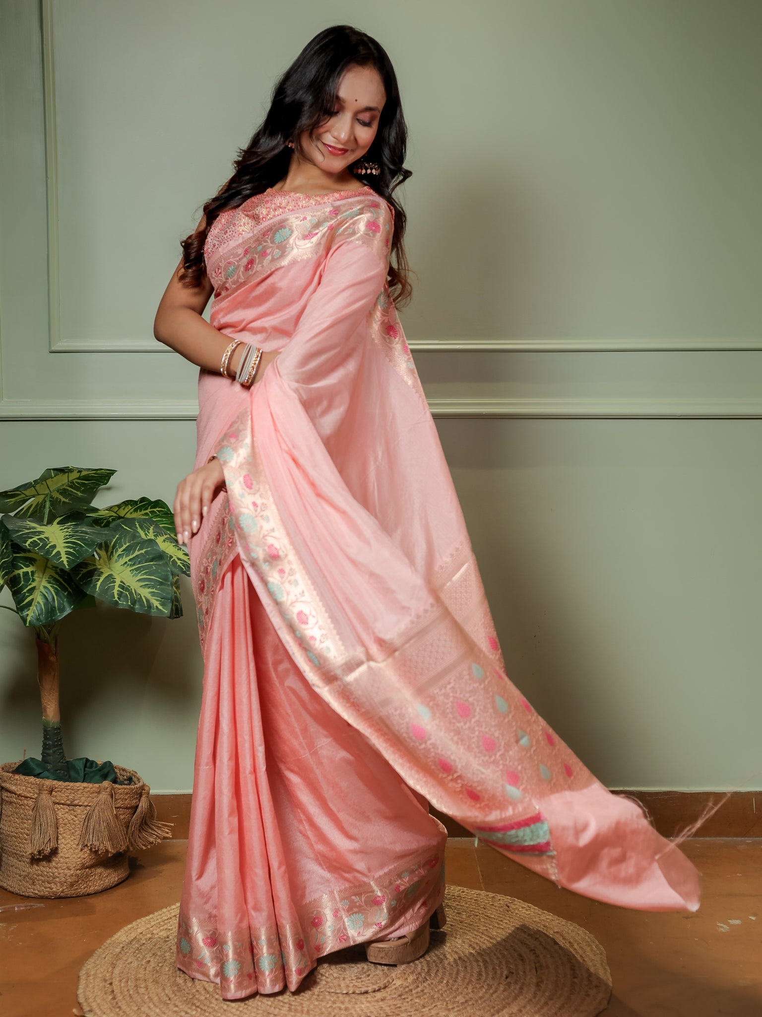 Banarasi Plain Semi Katan Saree With Meena Border- Pink