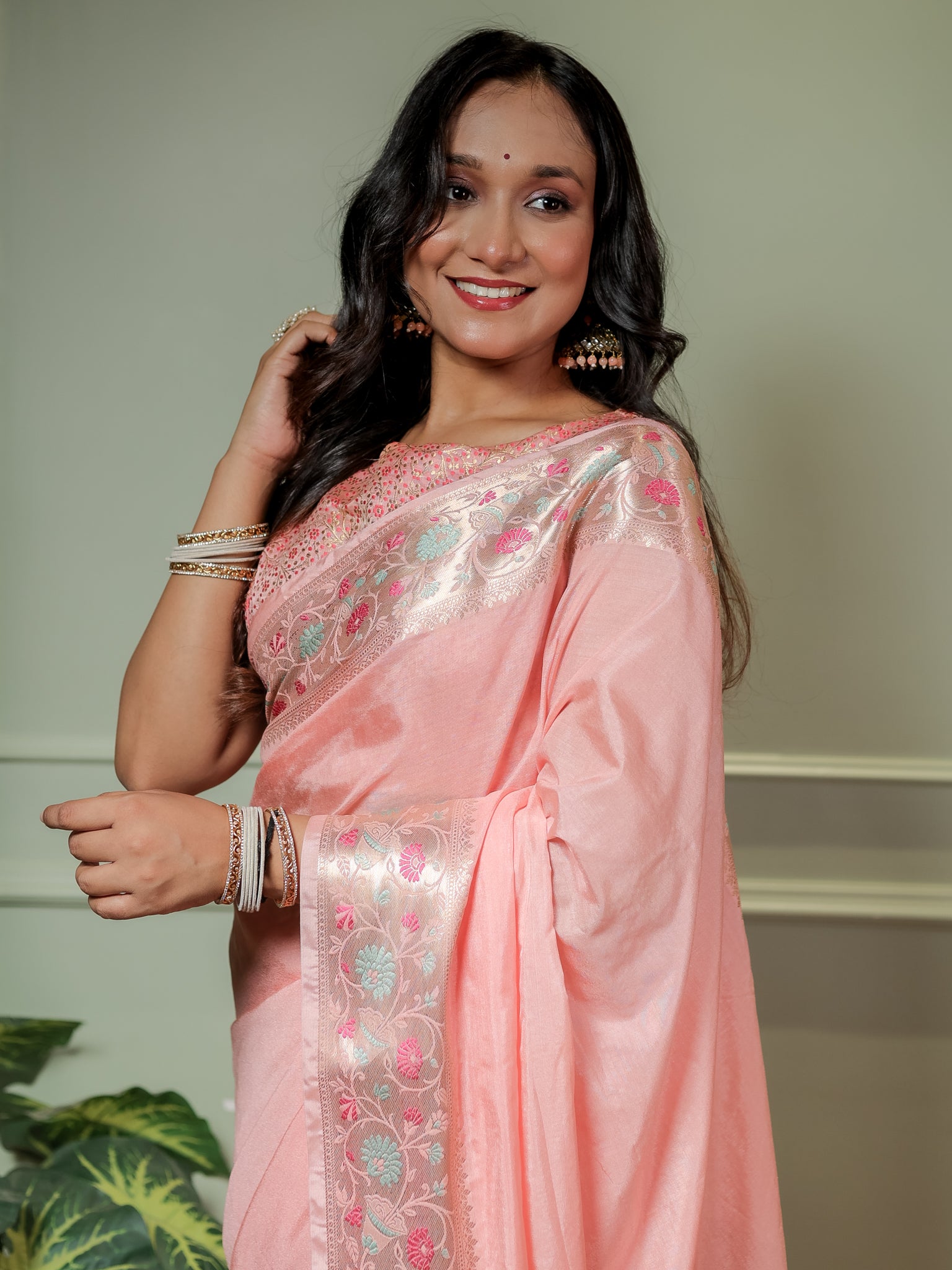 Banarasi Plain Semi Katan Saree With Meena Border- Pink