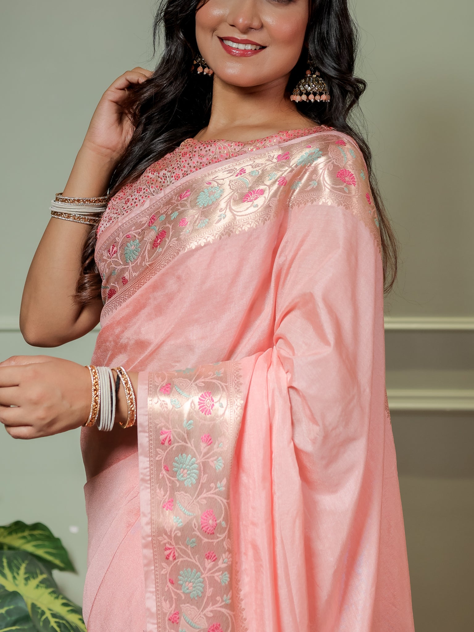 Banarasi Plain Semi Katan Saree With Meena Border- Pink