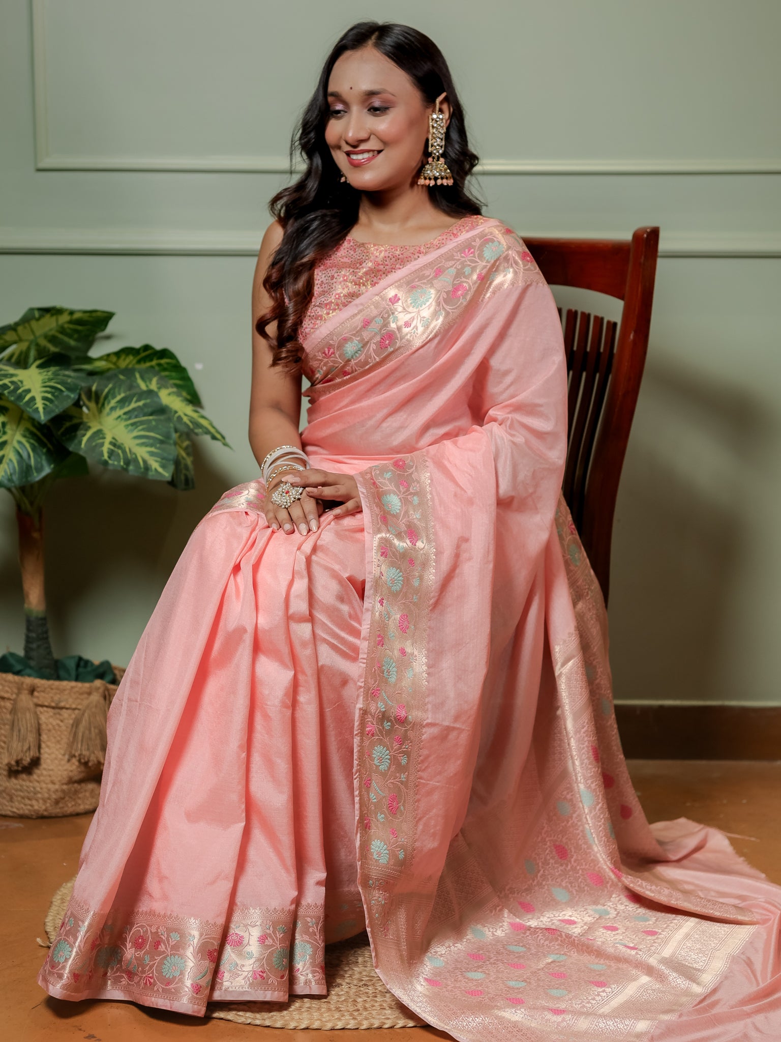 Banarasi Plain Semi Katan Saree With Meena Border- Pink