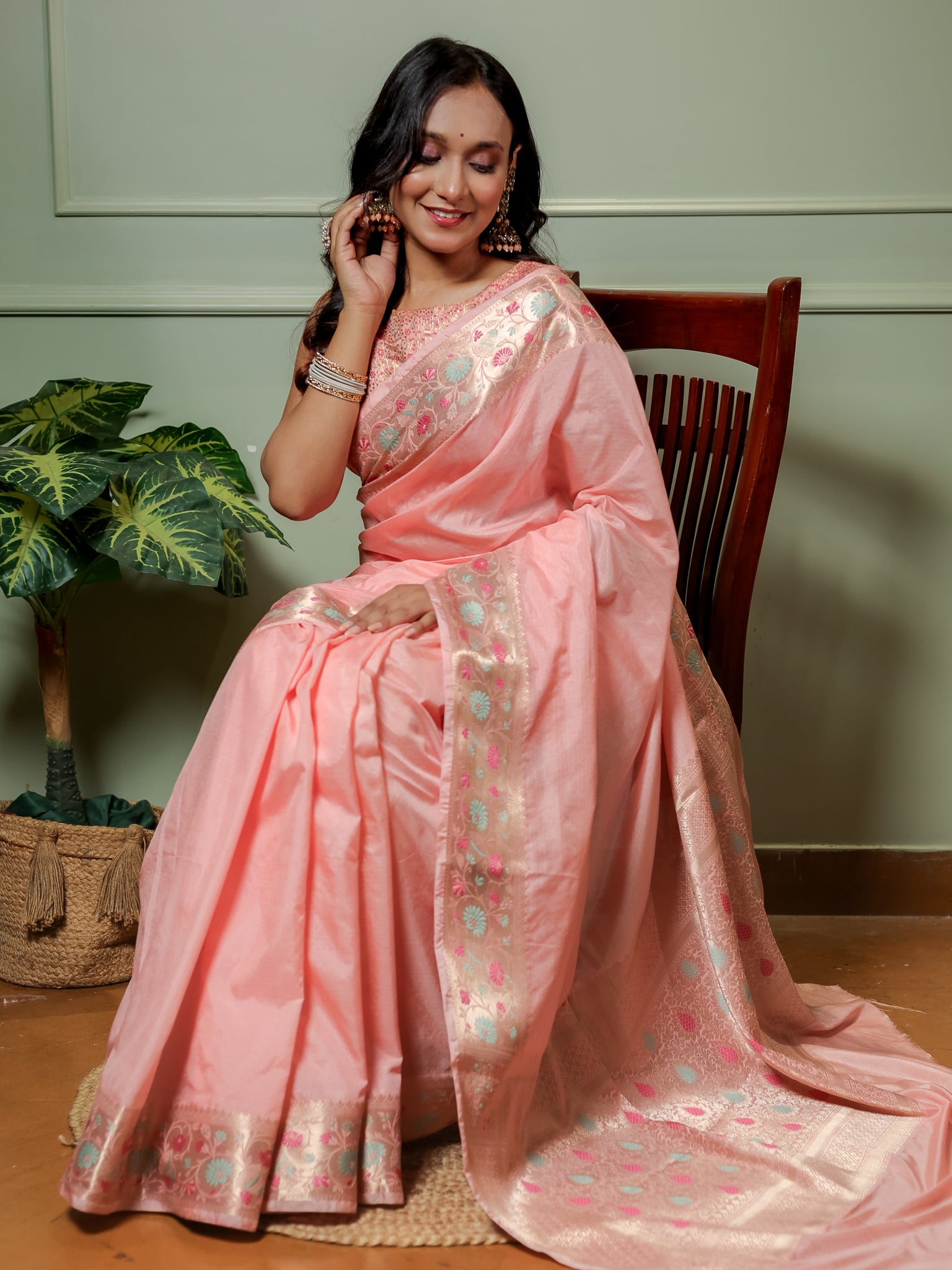 Banarasi Plain Semi Katan Saree With Meena Border- Pink