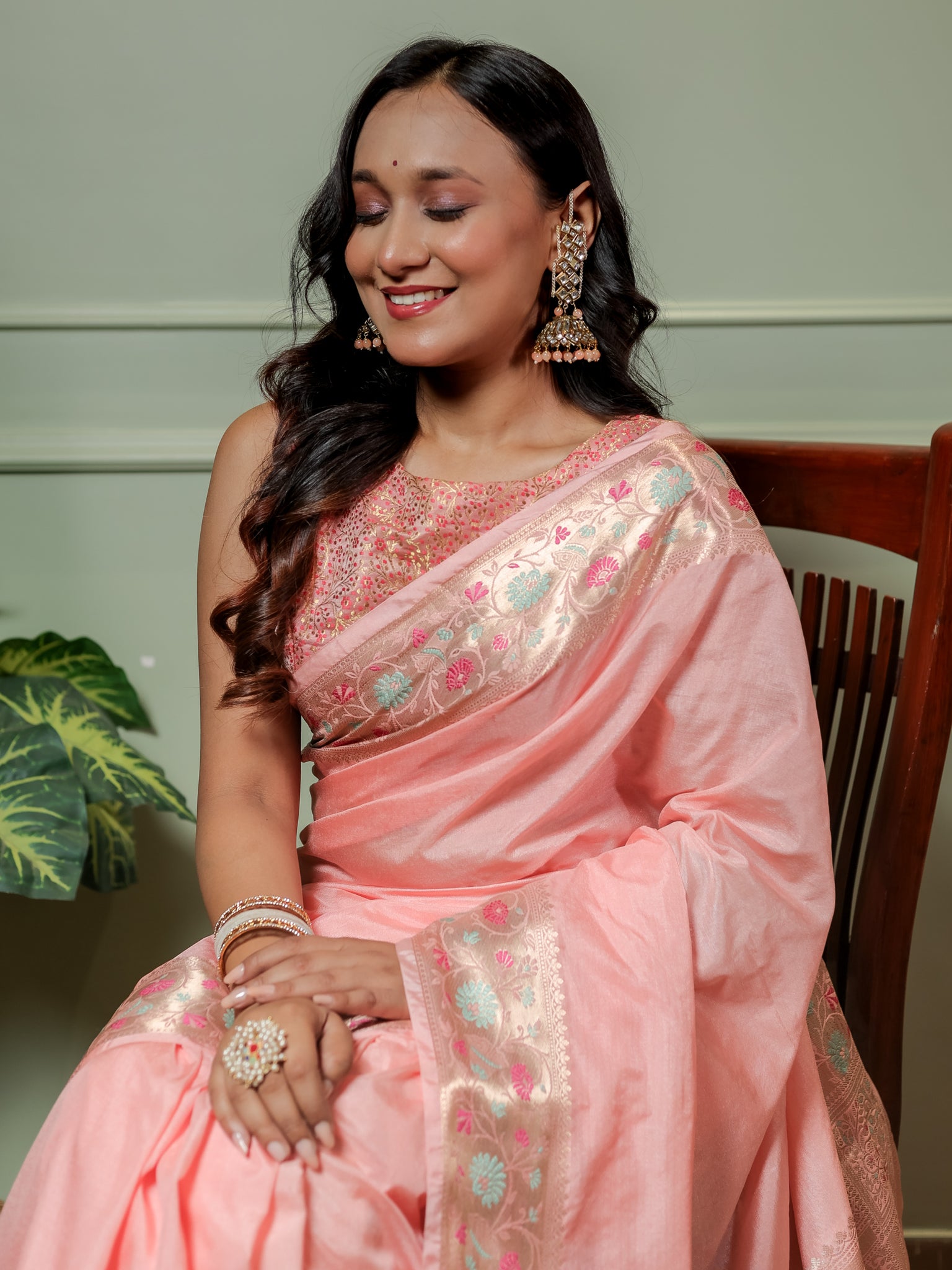 Banarasi Plain Semi Katan Saree With Meena Border- Pink