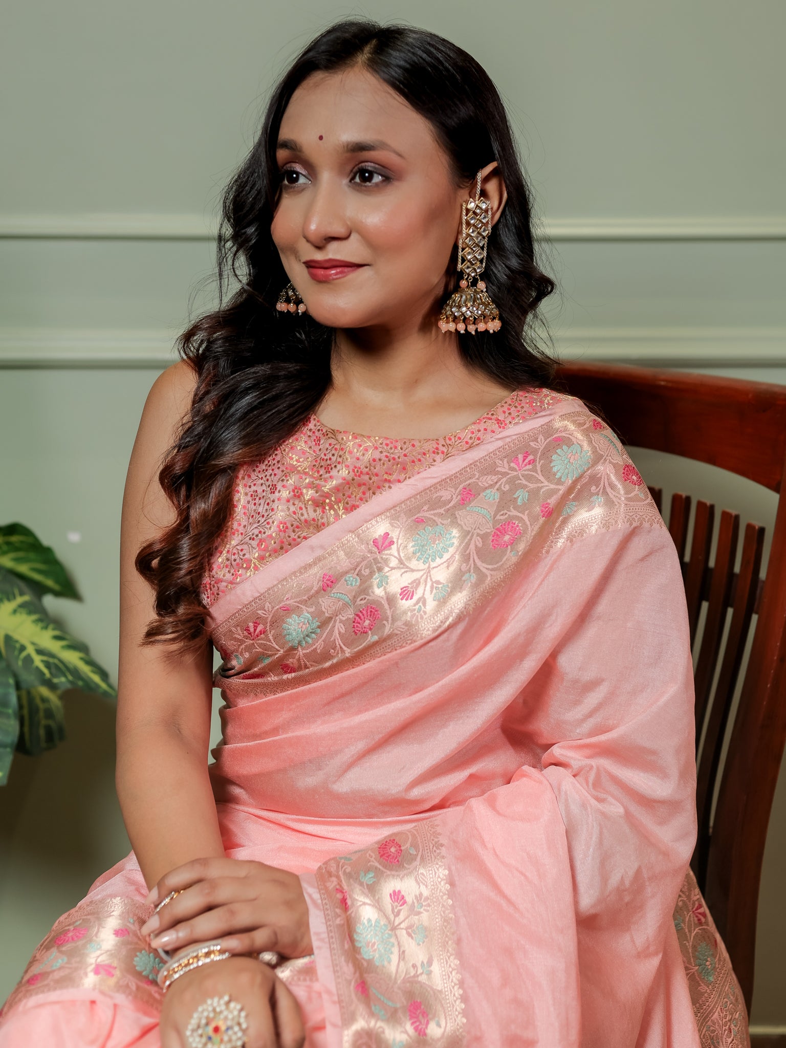 Banarasi Plain Semi Katan Saree With Meena Border- Pink