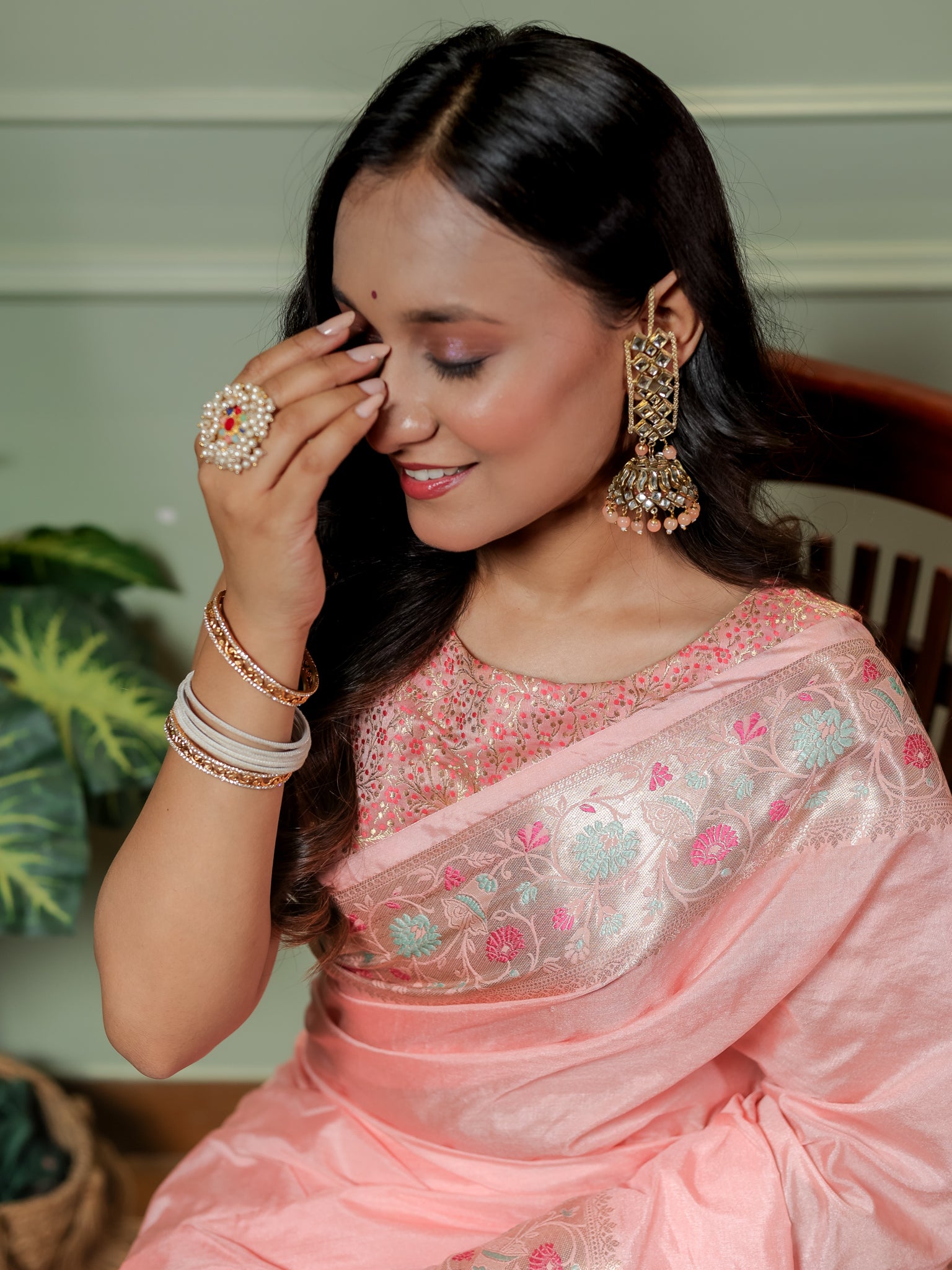 Banarasi Plain Semi Katan Saree With Meena Border- Pink