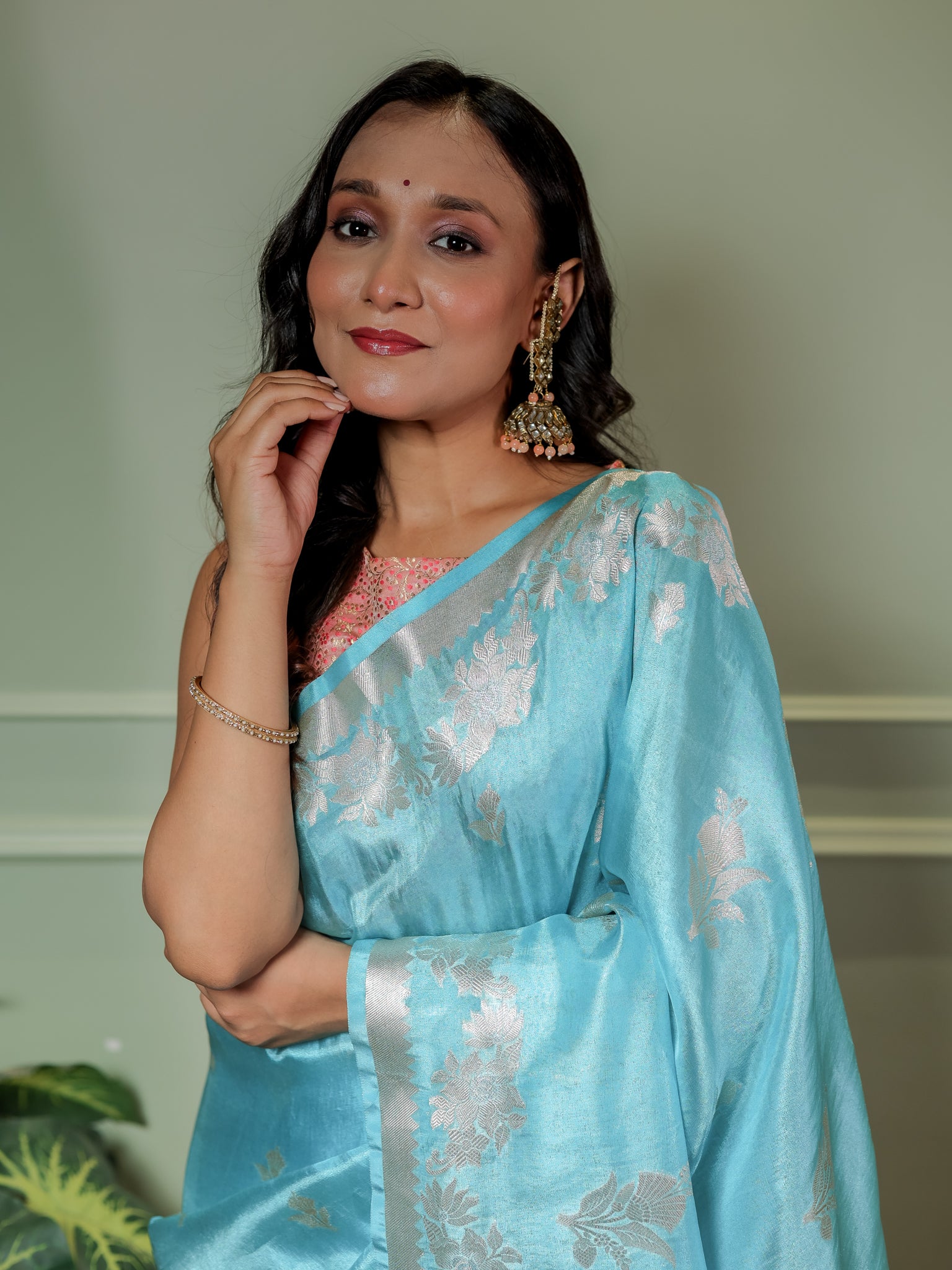 Banarasi Dual Tone Tissue Saree With Border - Aqua Blue